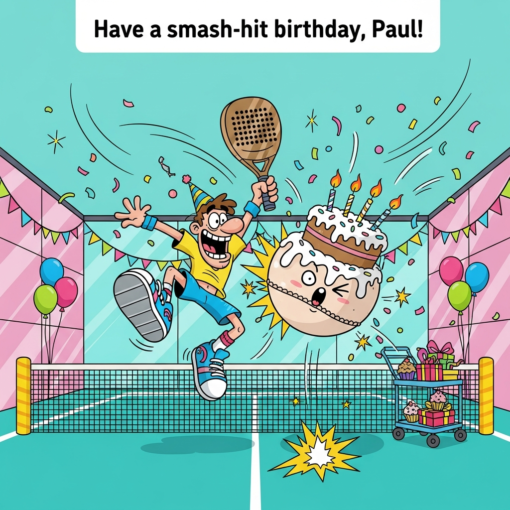 At the top of the Cartoon Style image, "Have a smash-hit birthday, Paul!"

Playful Cartoon Style scene: on a bright turquoise padel court with bubblegum-pink glass walls, a goofy, exaggerated padel player leaps mid-air in an energetic pose, huge grin, oversized sneakers and racket, wearing a party hat and colorful wristbands. He’s about to smash a giant frosted padel ball that looks like a birthday cake—candles blazing, sprinkles spraying—giving it a cheeky, surprised face for extra humor. Add swooshing motion lines, squash-and-stretch, starburst impact effects, sparkles, and confetti swirling across the frame. The net is decked with tiny party bunting, balloons bob at the sidelines, and a ball cart holds cupcakes and wrapped gifts. Bright saturated palette (teal, hot pink, sunshine yellow, lime, electric blue), thick black outlines, flat shading with bold highlights, clean simple background, and a dynamic low-angle perspective for maximum comedy and excitement. Vertical, full-bleed composition that makes the characters and action feel big and celebratory.
Generated with these themes: Padel, and .
Made with ❤️ by AI.