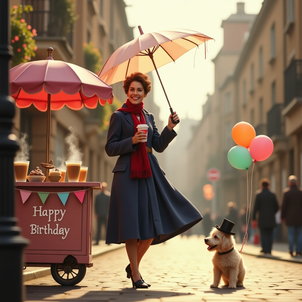 **Prompt:**  
A charming, realistic photograph of a cozy, vintage London street on a sunny morning. In the foreground, a whimsical scene shows a Mary Poppins-inspired woman floating gently with an open umbrella, holding a steaming to-go coffee cup in the other hand. She's wearing a classic navy coat, red scarf, and a cheeky smile. Below her, a quaint coffee cart adorned with pastel bunting serves happy birthday lattes with heart-shaped foam art. A small, fluffy dog in a tiny top hat watches her in awe, while colorful balloons tied to the cart bob in the breeze. Everything glows with warm, golden morning light for an irresistibly cute birthday moment.
Generated with these themes: Mary Poppins, and Coffee.
Made with ❤️ by AI.