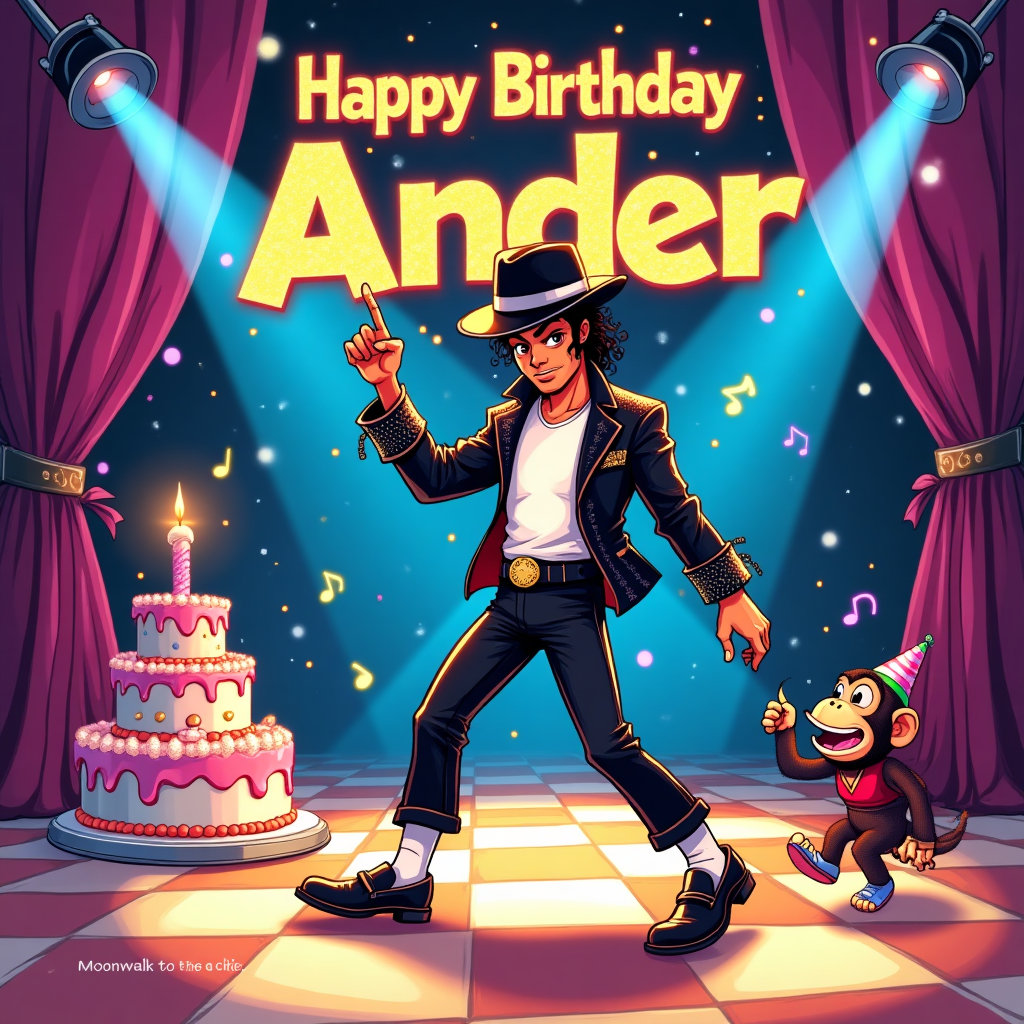 At the top of the Cartoon Style image, "Happy Birthday Ander" in big glittery disco letters with sparkles and tiny music-note confetti.

Playful, funny cartoon scene: Michael Jackson mid-moonwalk on a glowing checkerboard dance floor shaped like a giant vinyl record—exaggerated proportions with an oversized fedora tipped low, a huge sequined single glove flashing, long legs sliding in bright white socks and shiny black loafers, shiny black jacket over a white tee; thick outlines, bright saturated colors, and a super-energetic, bouncy pose. Spotlights in electric blue, neon pink, and gold criss-cross a shimmering sequin curtain; starbursts, swoosh motion lines, and music-note balloons and confetti fill the air. A towering birthday cake with a silver microphone as the candle sits stage-left, with a goofy frosting trail under his loafers like “moonwalk tracks.” MJ winks at the viewer while tipping his hat; a cheeky cartoon chimp in a party hat taps a tiny drum near the cake for extra mischief. Full-bleed, high-contrast, glossy highlights, bold shadows, and celebratory sparkle everywhere.

Small extra text near the bottom on a curved ribbon sticker: Moonwalk to the cake!
Generated with these themes: Michael Jackson, and .
Made with ❤️ by AI.