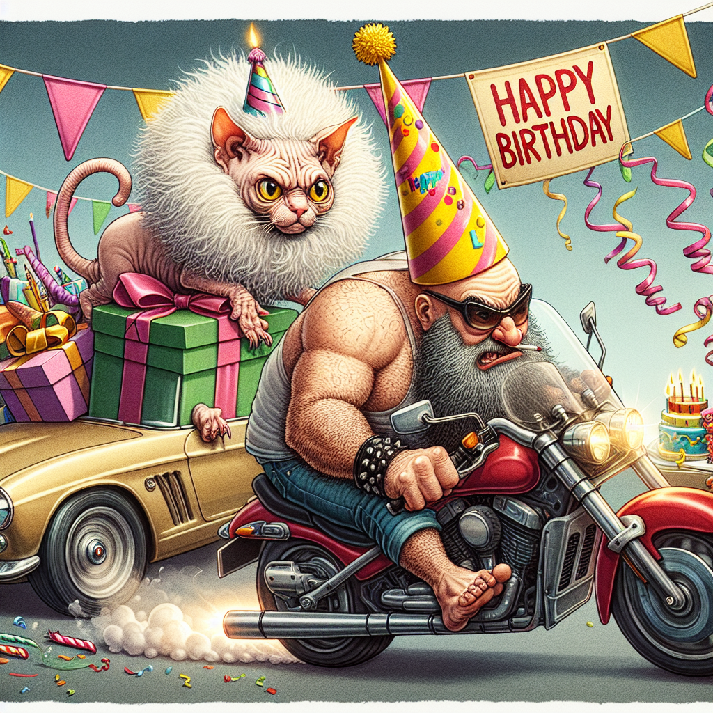 Depict a comical birthday scene in which a hairless Ragdoll cat, adorned with a party hat, sits atop a roaring motorbike. The bike is driven by a large man, notable for his strong build and bald head. The pair are navigating a cartoonish road, lavishly decorated for a birthday, avoiding oversized presents, one of which is a shiny, luxurious car. The car seems to be almost alive, as if exhilarated by the high-speed chase. Colorful party streamers and a 'Happy Birthday' banner wave in the wind, adding to the festive and somewhat chaotic atmosphere of the celebration.
Generated with these themes: Ragdoll cat, Bald.  Large man, Motorbike, Male looks like grant mitchell, and Mercedes.
Made with ❤️ by AI.