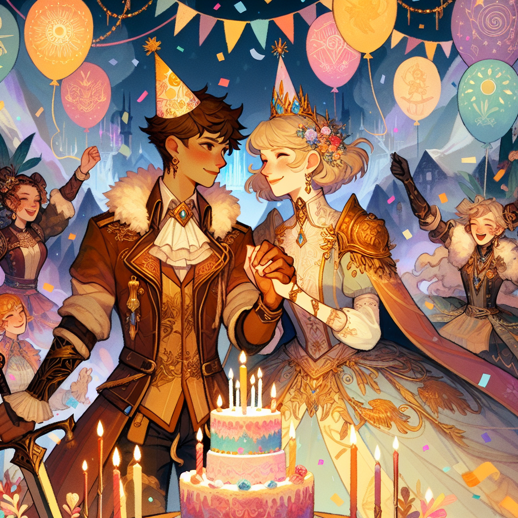 A heartwarming illustration for a birthday themed around a magical kingdom of powerful princesses. Two of the leading characters, a rugged, short-haired woman with feline attributes and a gallant blonde woman with a commanding presence, are seen holding hands amidst a festive setting. They are wearing birthday hats, surrounded by a flurry of vibrant balloons and confetti, capturing their powerful bond. There's an elaborately decorated cake in front of them, adorned with celestial and mystical symbols. As they share a tender embrace, other princesses with their unique powers are cheering and celebrating in the background, creating an inclusive and joyous atmosphere.
Generated with these themes: Shera and the princesses of power, Catra, Catradora, and Lesbians.
Made with ❤️ by AI.