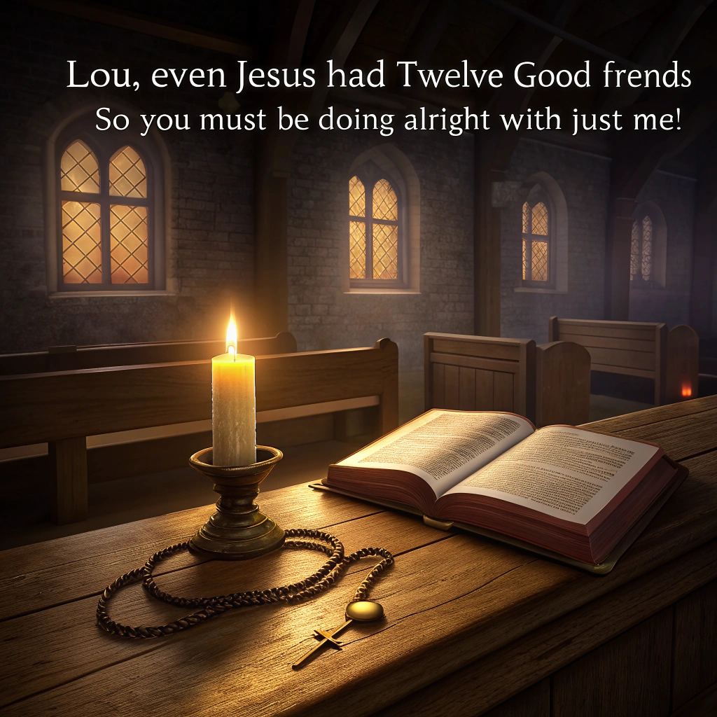 At the top of the realistic photograph image, "Lou, even Jesus had twelve good friends—so you must be doing alright with just me!"

Image Description Prompt:
Create a solemn, reverent yet heartfelt realistic photograph depicting a single lit candle in a dim chapel or rustic church setting. Soft light pours through stained glass windows, casting warm hues across a worn wooden pew where an open Bible rests, bookmarked near passages about friendship, love, and faith. A well-worn rosary is draped gently over the page. In the background, a subtle, reverent silhouette of a praying figure adds a touch of devotion. The atmosphere is quiet, peaceful, and reflective—symbolic of a man of deep values and faith. A perfect tribute to a great friend, a good man, and a birthday steeped in meaningful reflection.
Generated with these themes: Jesus, Prayer, Great friend , and Good man.
Made with ❤️ by AI.