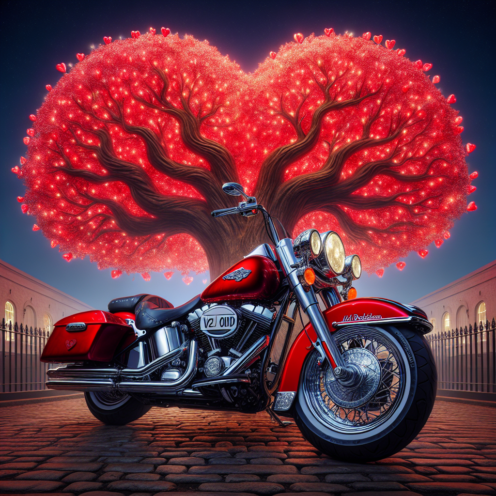Red Harley Davidson Motor bike, and Registration V2 ODD, Tree red hearts Valentines-day Card