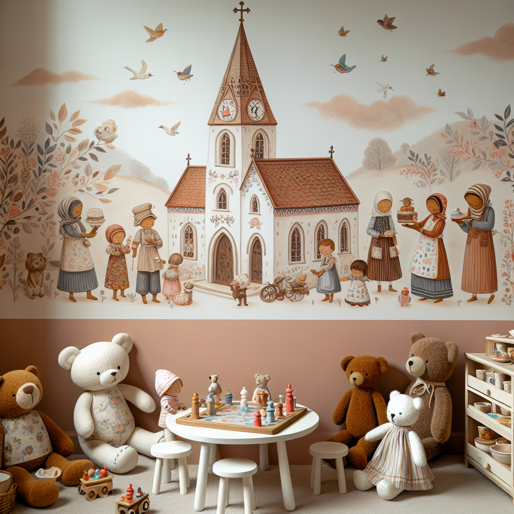 Create an illustrative image filled with warmth and joy. In the scene, a playful and whimsical nursery is packed with cute stuffed animals, who appear to be engaged in a fun board game near a miniature table. The wall behind them is adorned with a delicate mural illustrating a quaint old church. Surrounding this church mural, portray families of diverse descents such as Caucasian, Hispanic, Black, Middle-Eastern, South Asian, and White happily involved in baking activities. This peaceful and loving environment, accentuated by soft hues and intricate details, tenderly celebrates the welcoming of a new baby.
Generated with these themes: Board games, church, baking.
Made with ❤️ by AI.