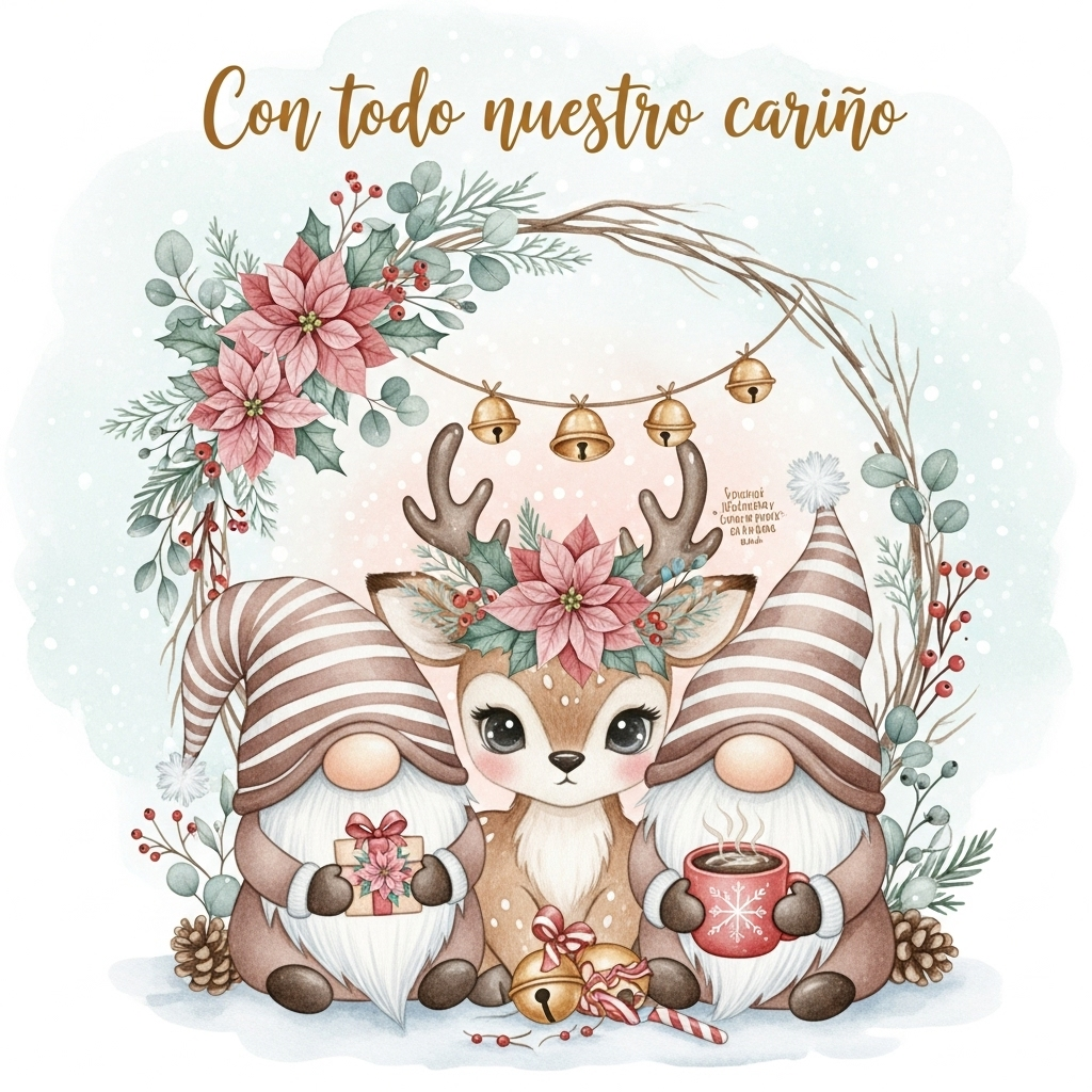 At the top of the Watercolor Style image, "Con todo nuestro cariño "

Soft watercolor scene in a cute, cozy mood: In a snowy woodland clearing, two chubby nomos (gnomes) with long, striped hats and rosy noses snuggle beside a gentle baby reno (reindeer) with big, twinkly eyes. The reno wears a crown of flor de pascua (poinsettias)—velvety crimson and soft blush petals with deep green leaves—while a loose wreath of more poinsettias, holly, and eucalyptus softly frames the trio in an oval. One gnome offers a tiny wrapped gift with a poinsettia tag; the other holds a steaming cocoa mug. A jingle-bell garland drapes across the reno’s antlers; snow-kissed pinecones and a peek of a candy cane rest at their feet. Background: pale icy blue-to-mint gradient wash, delicately granulated, with whispery falling snow and a warm blush glow behind the characters to draw focus.

Style and texture: Soft watercolor washes with delicate gradients, subtle pigment blooms, and natural cold-press paper texture; translucent layers; feathery edges; light snow splatter. No harsh outlines or digital gloss.

Palette: winter whites, pine and sage greens, cranberry and blush reds, warm taupe, and gentle gold-ochre accents.

Composition: Large central vignette with generous breathing space; airy negative space around the top text; soft vignette fade into paper; delicate shadow puddles beneath the characters for depth.

Lettering: Top line in hand-painted watercolor script, warm gold with slight bleed and bloom for authenticity and legibility.

Add a tiny, playful caption near the bottom in small hand lettering: "Gnomos y renos, corazones llenos."
Generated with these themes: Nomos, renos, flor de pascua, and .
Made with ❤️ by AI.
