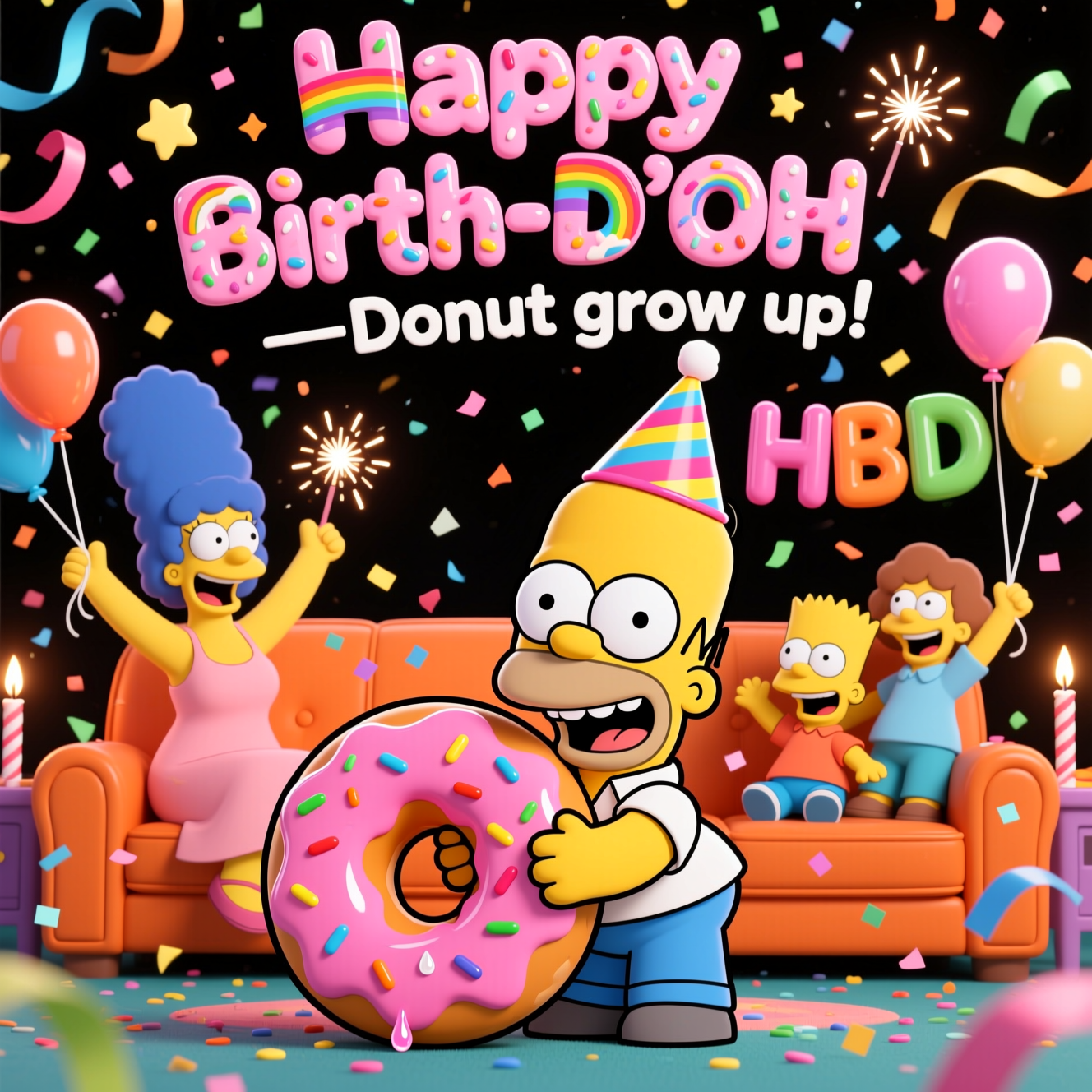 - Text (top center, very large, bouncy bubble letters with pink frosting texture and rainbow sprinkles): "Happy Birth-D’OH—Donut grow up!"
- Scene: Homer Simpson, chibi-cute and ultra-expressive, wearing a party hat and hugging an oversized pink-frosted donut with colorful sprinkles; big sparkling eyes, a goofy grin, and a tiny drool glint for extra cuteness. Behind him, the classic orange couch with Marge, Bart, Lisa, and Maggie cheering, tossing confetti, and holding balloon letters that read HBD. A sprinkle shower swirls through the air, with streamers, tiny stars, and candle sparks.
- Style: Playful cartoon vibe with exaggerated proportions, thick black outlines, bright saturated colors, and whimsical, energetic poses. Squishy shapes, glossy highlights, and soft, cheerful lighting. High-contrast, clean composition where the headline dominates and the characters feel lively and adorable.
Generated with these themes: Homer Simpson, the Simpsons, and .
Made with ❤️ by AI.