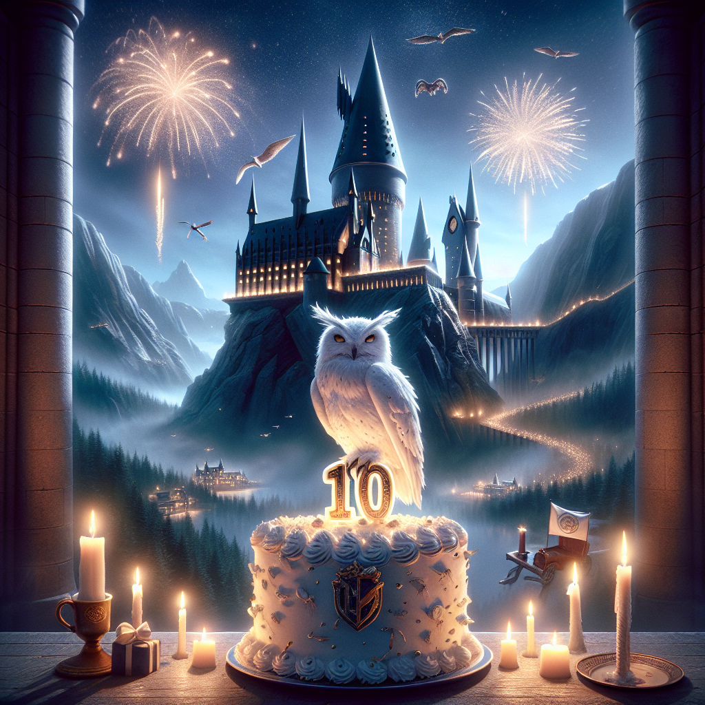 A solemn visual portrayal of a birthday celebration in a magical school situated at the top of towering cliffs. An elegant white owl is perched atop a grand cake, adorned with the number '10' signifying ten years of incredible adventures. Fireworks sparkle in the sky, illuminating the castle's tall towers and the school's surroundings. Subtle hints of a wizard's life, such as a decoration shaped like a lightning bolt, can be noticed among the festivities, adding an air of mysticism.
Generated with these themes: Hogwarts, Fireworks, Snowy owl, Cake, 10, and Harry Potter.
Made with ❤️ by AI.