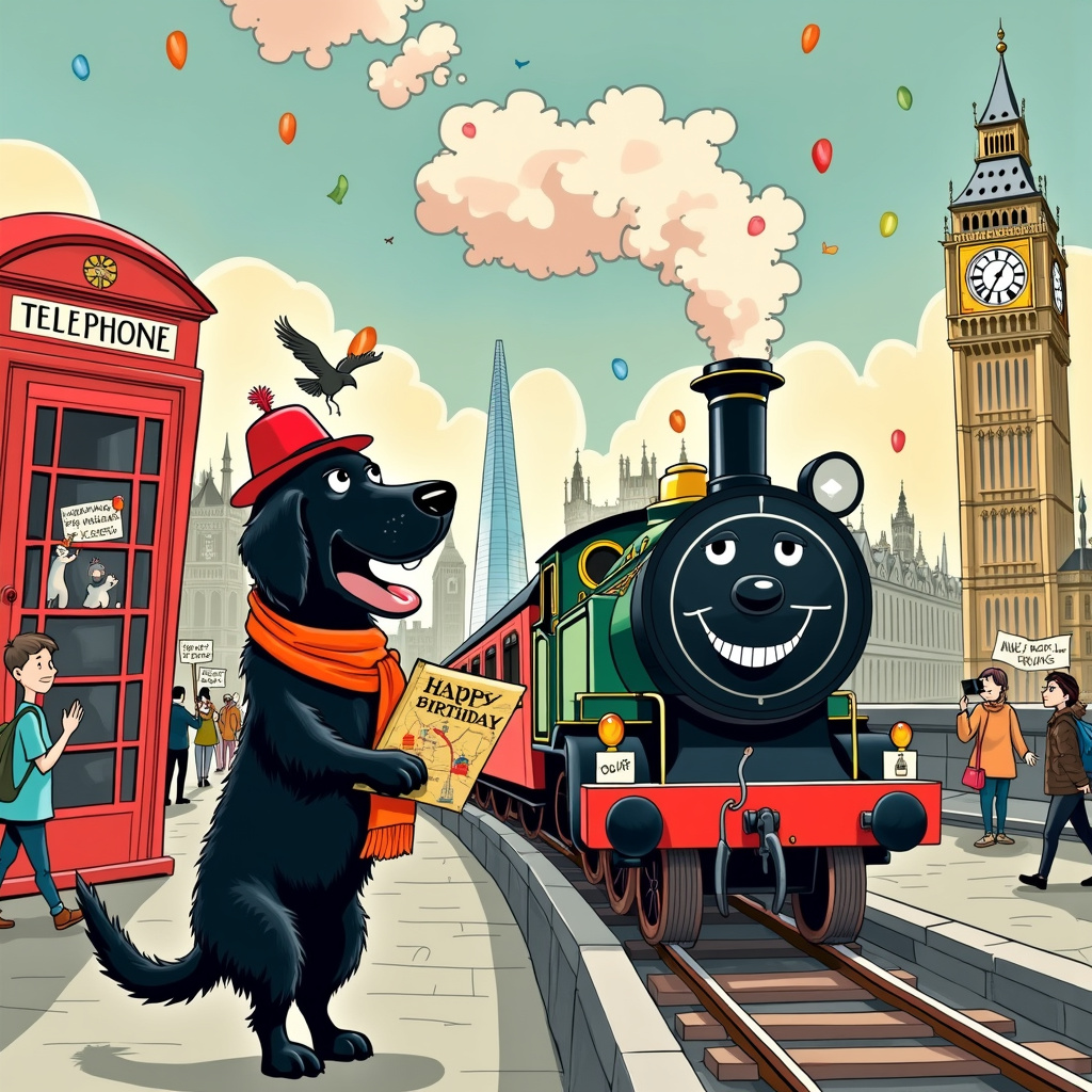 Black labrador, Train, London, and Map Birthday Card