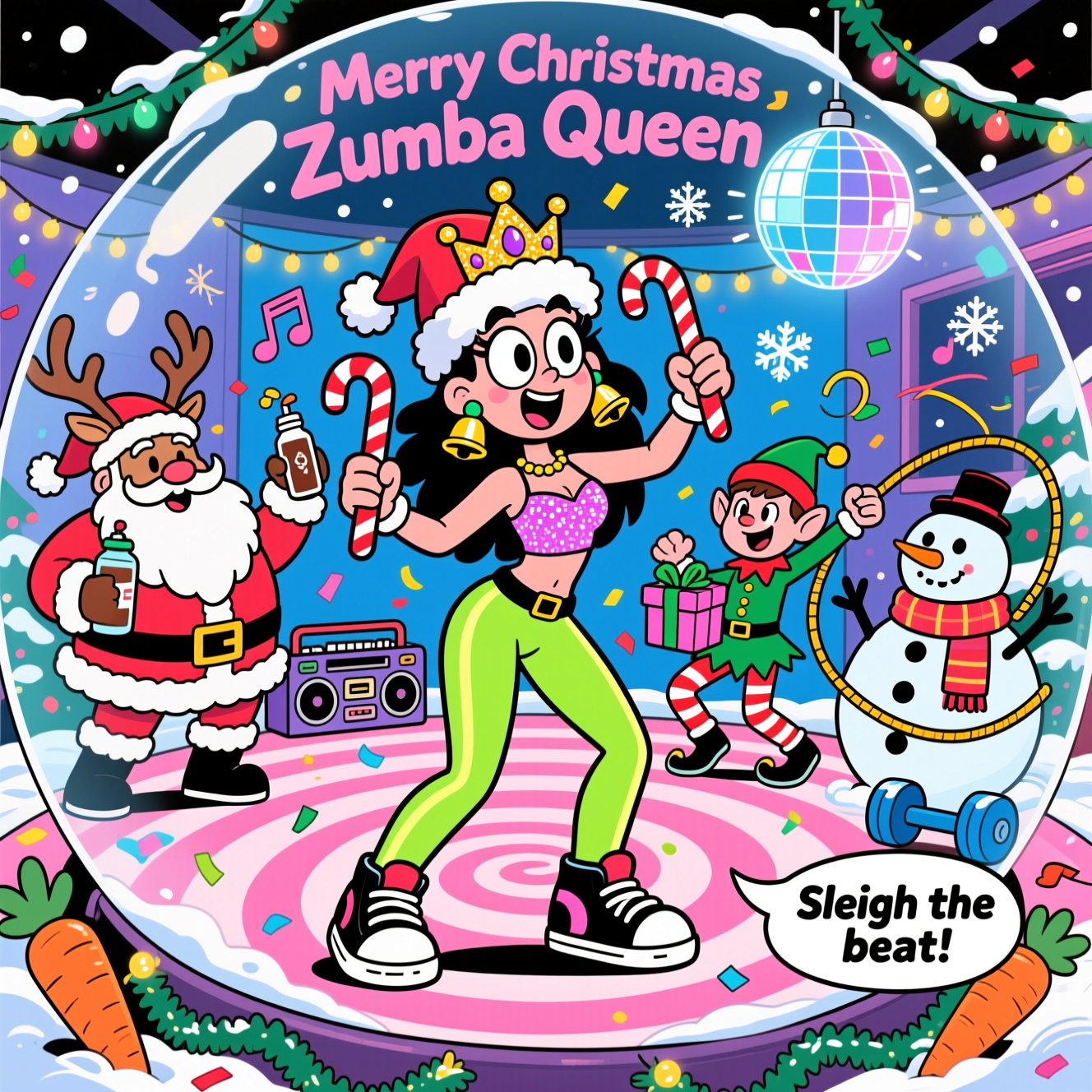 At the top of the Cartoon Style image, "Merry Christmas Zumba Queen"
A playful, funny, high-energy cartoon scene with exaggerated proportions, thick black outlines, and bright saturated colors: inside a snow-globe North Pole dance studio, the Zumba Queen leads the class—big expressive eyes, oversized sneakers, neon leggings, glittery crown perched on a Santa hat, jingle-bell earrings, shaking candy-cane maracas mid-hip-sway. Around her, Santa, a reindeer in leg warmers, a mischievous elf with a present-shaped boombox, and a scarfed snowman mirror lively Zumba moves (salsa steps, high knees, arm punches) in whimsical, energetic poses. Peppermint-swirl dance floor, tinsel garlands, fairy lights, and an ornament disco ball cast a sparkly festive glow; swirling musical notes, snowflakes, motion lines, and confetti heighten the rhythm. Comedic details: cocoa water bottle in Santa’s hand, tangled string lights as jump rope, carrot dumbbells for the snowman. Image-first composition—characters large, nearly edge-to-edge, with crisp cel shading. Place one tiny cheeky caption near the bottom-right in a ribbon or speech bubble: "Sleigh the beat!"
Generated with these themes: Zumba, and .
Made with ❤️ by AI.