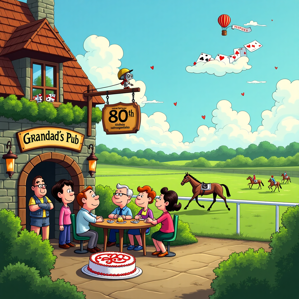 In the whimsical yet solemn cartoon scene, picture an enchanting Irish pub nestled on the edge of an emerald-green meadow that stretches out into a picturesque horse racing track. The pub, constructed from aged stone and wood, boasts a sign that charmingly swings in the gentle breeze, proudly declaring "Happy 80th, Grandad’s Pub." Beneath this sign, a group of jovial yet reflective caricatured patrons—each a blend of Peanuts-like charm and Tintin’s expressive features—gathers around a wooden table cluttered with dominoes and playing cards, adding an air of nostalgia to the scene. 

In the foreground, a vibrant cake shaped like a horseshoe sits atop the table, icing carefully crafted to spell out “Happy 80th Birthday, Grandad!” in a playful yet elegant script reminiscent of a comic strip bubble. Outside, a horse race is about to commence. The jockeys, with Disney-like animated expressions, prepare their horses, each named after a classic card game like “Poker Prince” and “Domino Dash,” their colors vivid and cartoonishly bright. 

In the sky above, reminiscent of Winsor McCay's dreamy landscapes, clouds lazily drift in the shape of playing card suits—hearts, diamonds, clubs, and spades—forming a natural banner that spells “Grandad.” Above them, a tiny hot air balloon, echoing a design straight out of Little Nemo’s imagination, drifts by with a trailing banner that reads “Cheers to the Irish Spirit!” 

Finally, tucked into a corner of the pub’s window, a gentle nod to Osamu Tezuka’s manga influence is captured through a tiny, whimsical robot perched on the sill, quietly observing the lively yet heartwarming scene, a nod to the timeless passage of time as the beloved Grandad celebrates his milestone birthday surrounded by cherished memories and symbols of joy.
Generated with these themes:  horse racing, 80th Birthday, irish, pub, dominos, cards.
Made with ❤️ by AI.