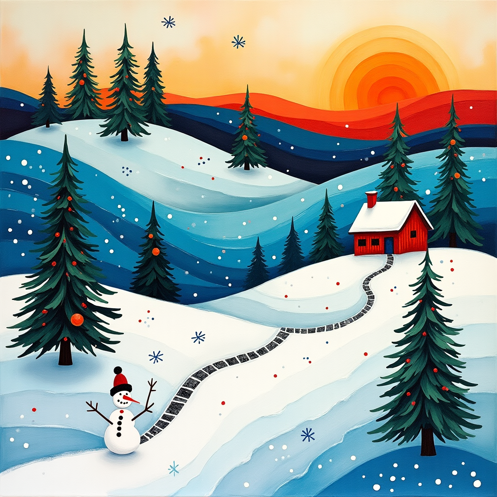 On the front cover of this thank-you card, picture a playful winter landscape that seems to dance across the card with a whimsical charm. The scene begins with rolling hills that swoop and dive like playful waves, each hill layered with swirls of deep blues, icy whites, and frosty silvers, reminiscent of Kandinsky's dynamic shapes. The hills are speckled with pine trees that look as if they’ve been plucked from a Mondrian canvas—each tree is a series of rectangles and squares, stacked in vibrant greens with occasional pops of red, as if decorated for the holiday season. Snowflakes cascade from the sky in Pollock-esque drips and splatters, landing lightly on the branches and hills, creating a sense of movement. Towards the horizon, a bold strip of Rothko-inspired color—an intense orange—suggests a surreal winter sunset, contrasting sharply with the cold landscape below. In the foreground, a winding path winds through the snow like a Cy Twombly scribble, leading to a tiny abstract cabin that resembles Malevich's geometric structures, with a chimney puffing out cheerful spirals of smoke. Perched on the path is a quirky, cartoonish snowman made of loose, de Kooning-like brushstrokes, with mismatched buttons and a tilted hat that seem to wink at the viewer. Sprinkled across the card are tiny Miro-esque starbursts, twinkling among the snowflakes, adding a touch of magic. All these elements together create a unique winter wonderland that seems to say, "Thank you for the warmth you bring," through its joyful abstraction and unexpected details.
Generated with these themes: winter landscape, rolling hills, pine trees.
Made with ❤️ by AI.