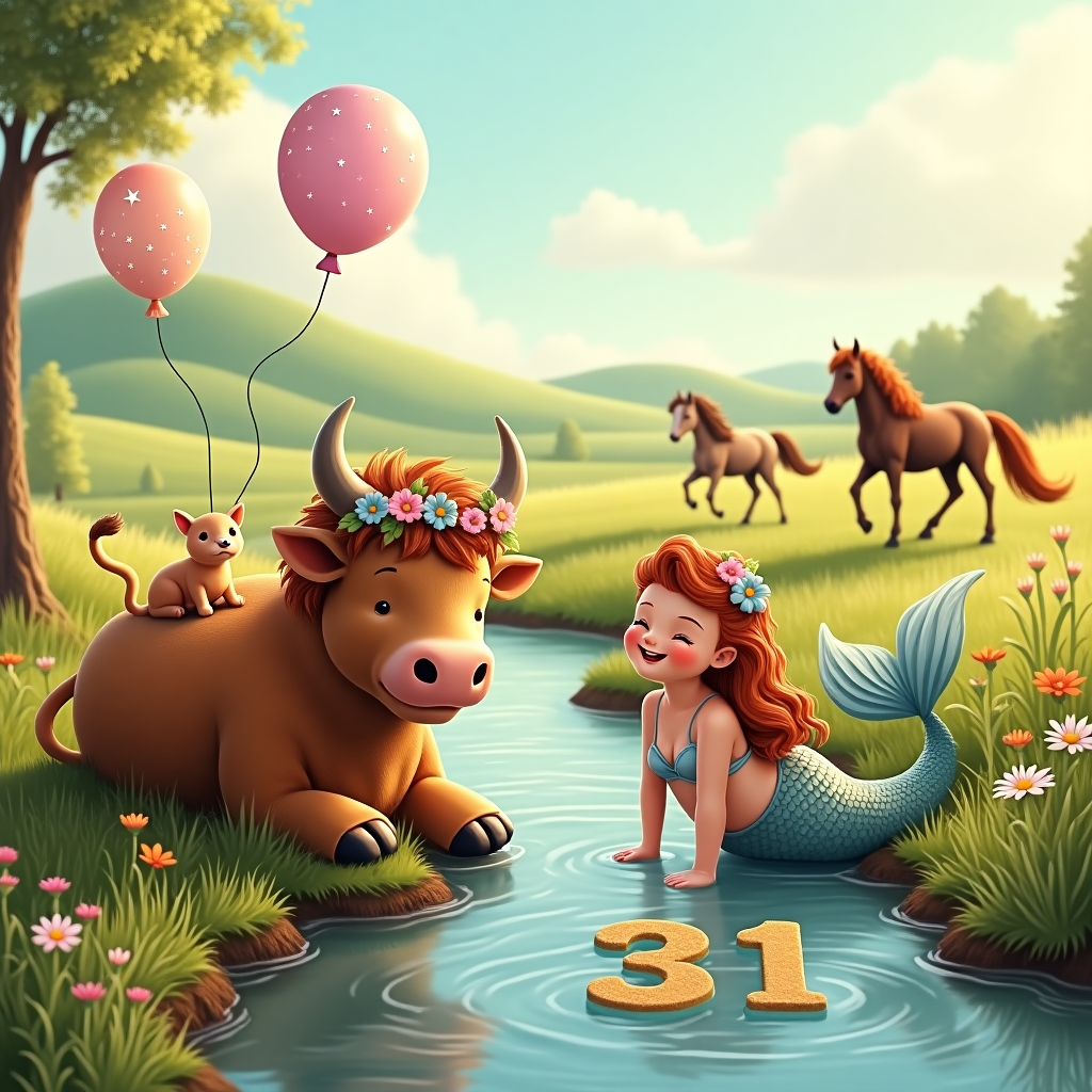 At the top of the realistic photograph image, “Stefanie, Have a Moo-maid-nificent 31st Birthday!”

A whimsically cute and realistic countryside birthday scene set in golden afternoon light: A highland cow with a flower crown lounges beside a crystal-clear stream, gazing fondly at a small, ginger cat curled on its back. Beside them, a shimmering little mermaid with flowing auburn hair is giggling as she reaches out to pet a tiny pony foal that’s poking its nose curiously at her from the grassy bank. In the distance, two elegant horses gallop across rolling green hills dotted with wildflowers. Balloons shaped like seashells and stars float gently above, and a sparkling "31" is etched playfully into the soft mud by the stream. The entire scene feels magical, serene, and bursting with birthday joy.
Generated with these themes: Little mermaid, Horses, Highland cow, Countryside, Cats, and 31.
Made with ❤️ by AI.