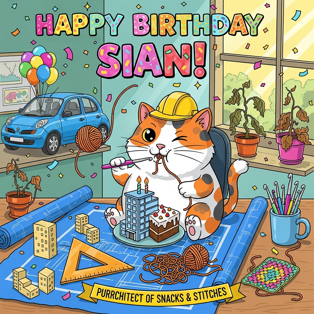 At the top of the Cartoon Style image, the text “Happy Birthday Sian!” in big bubbly, candy-colored letters with thick black outlines and confetti accents.

Playful, funny cartoon scene with exaggerated proportions and bright saturated colors. Center stage: a chubby calico cat with one eye closed in a cheeky wink, perched on a cluttered architect’s drafting table. The cat wears a tiny yellow hard hat and clutches a shiny crochet hook, slurping a strand of orange yarn like spaghetti while nibbling a slice of birthday cake shaped like a miniature modern building. The drafting table is covered in bold blue building blueprints (no extra text), a comically large triangle ruler, foam-core building models, and a cup jammed with crochet hooks. Yarn loops around into swirls and tangled granny squares, adding motion. Comedic “dead plants” in colorful pots flop dramatically with crispy drooping leaves, one leaf falling mid-air. To the side, a sunny window reveals a cute, exaggerated bright blue Nissan Micra parked outside with balloons tied to the door handle; shiny highlights and thick outlines make it pop. Confetti, streamers, and sparkly party energy fill the studio. Thick black outlines, flat toon shading, vibrant palette (turquoise, tangerine, lemon, hot pink, sky blue), whimsical, energetic poses and diagonals.

Add one small ribbon banner near the bottom with a single witty line: “Purrchitect of Snacks & Stitches.”
Generated with these themes: Calico cat with one eye closed, crochet, dead plants, building design, eating, blue nissan micra, and .
Made with ❤️ by AI.