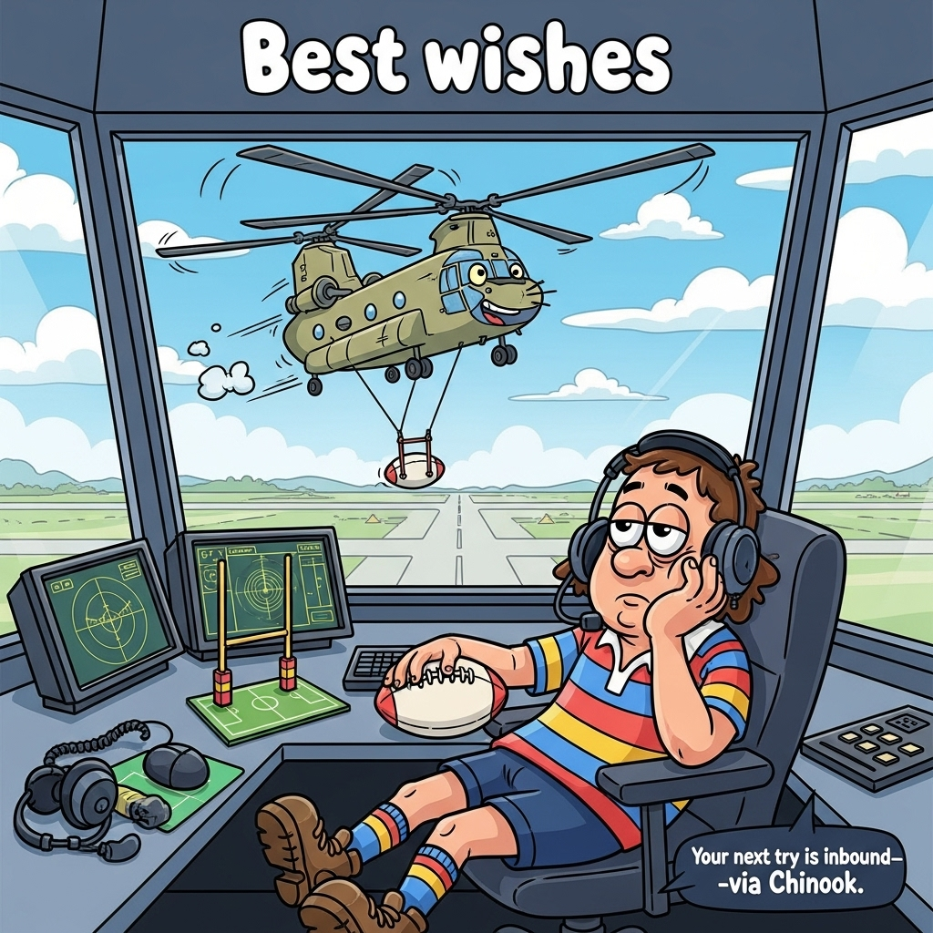 At the top of the Cartoon Style image, Best wishes

Funny farewell scene in a playful Cartoon Style: inside a quiet, sunlit air traffic control tower with tall wraparound windows and a panoramic view of a calm runway. Foreground: a bored air traffic controller with exaggerated proportions (big head, tiny legs), slouched in a swivel chair, cheek squished into one palm, eyes half-lidded and comically glazed. They’re wearing a bright, striped rugby jersey, with striped socks and chunky boots. One hand loosely holds a rugby ball; on the desk sit a headset, a mini pencil-made rugby goalpost, and a mousepad printed like a rugby pitch. Radar screens show simple, friendly shapes to emphasize the slow day.

Outside the glass: a cheerful cartoon Chinook helicopter hovers close to the window, with expressive eyes in the cockpit and a big friendly grin. Twin rotors blur into swoopy loops and motion lines. From its sling line dangles an oversized rugby goalpost (or giant rugby ball), as if it’s come to whisk the controller away to the “scrum.” The airfield below is peaceful, bright blue sky with puffy clouds.

Style: thick black outlines, bright saturated candy colors, rounded forms, whimsical, energetic poses and motion, playful lighting, full-bleed portrait composition. Make “Best wishes” at the top in bouncy bubble lettering with a bold outline.

Add one small, cheeky caption near the bottom: Your next try is inbound—via Chinook!
Generated with these themes: Sat bored in quiet air traffic control tower, Rugby, Chinook helicopter, and .
Made with ❤️ by AI.