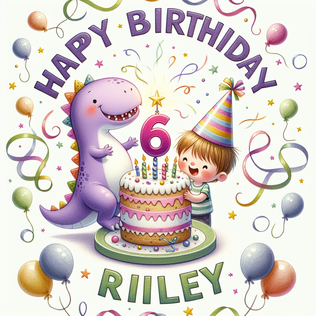 A delightful image depicting a cheery scene where a child wearing a party hat, shares a birthday cake with a grinning lavender dino. The number '6' shines brightly on the cake's summit, amidst a whirlwind of colorful streamers and tiny balloons, amplifying the festive atmosphere. The phrase 'Happy Birthday Riley' curves around the upper portion in a semi-circle, tying together this sweet birthday celebration.
Generated with these themes: Riley , Dinosaur , and 6 .
Made with ❤️ by AI.