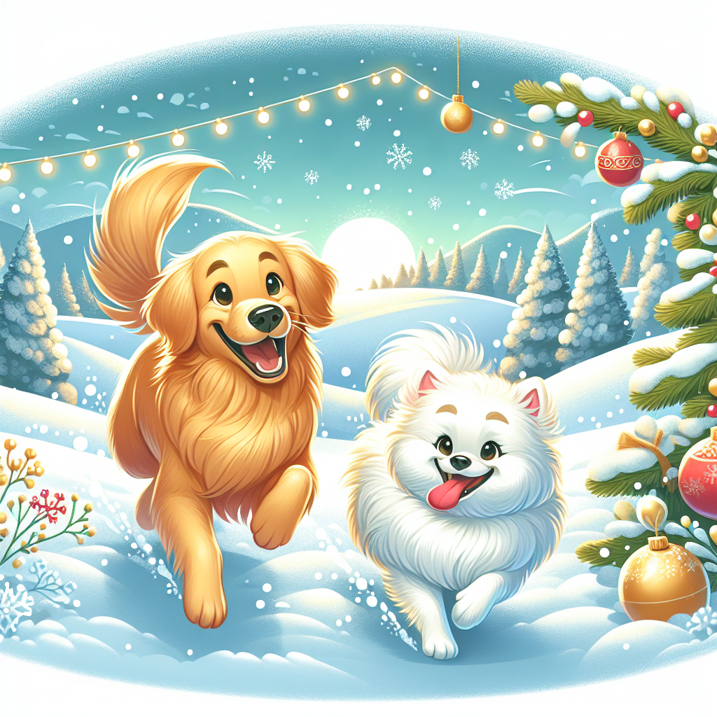 Golden retriever running after a white pomeranian dog, and Snow Christmas Card