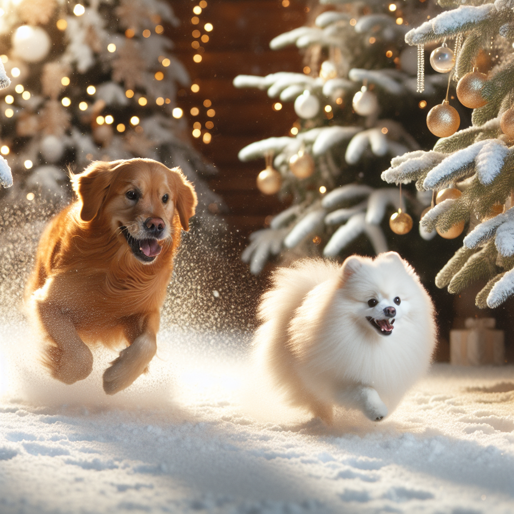 Golden retriever running after a white pomeranian dog, and Snow Christmas Card