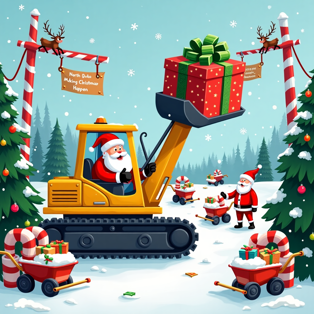 Plant Hire, Digger, Excavator, Elves, Presents, and Santa Christmas Card