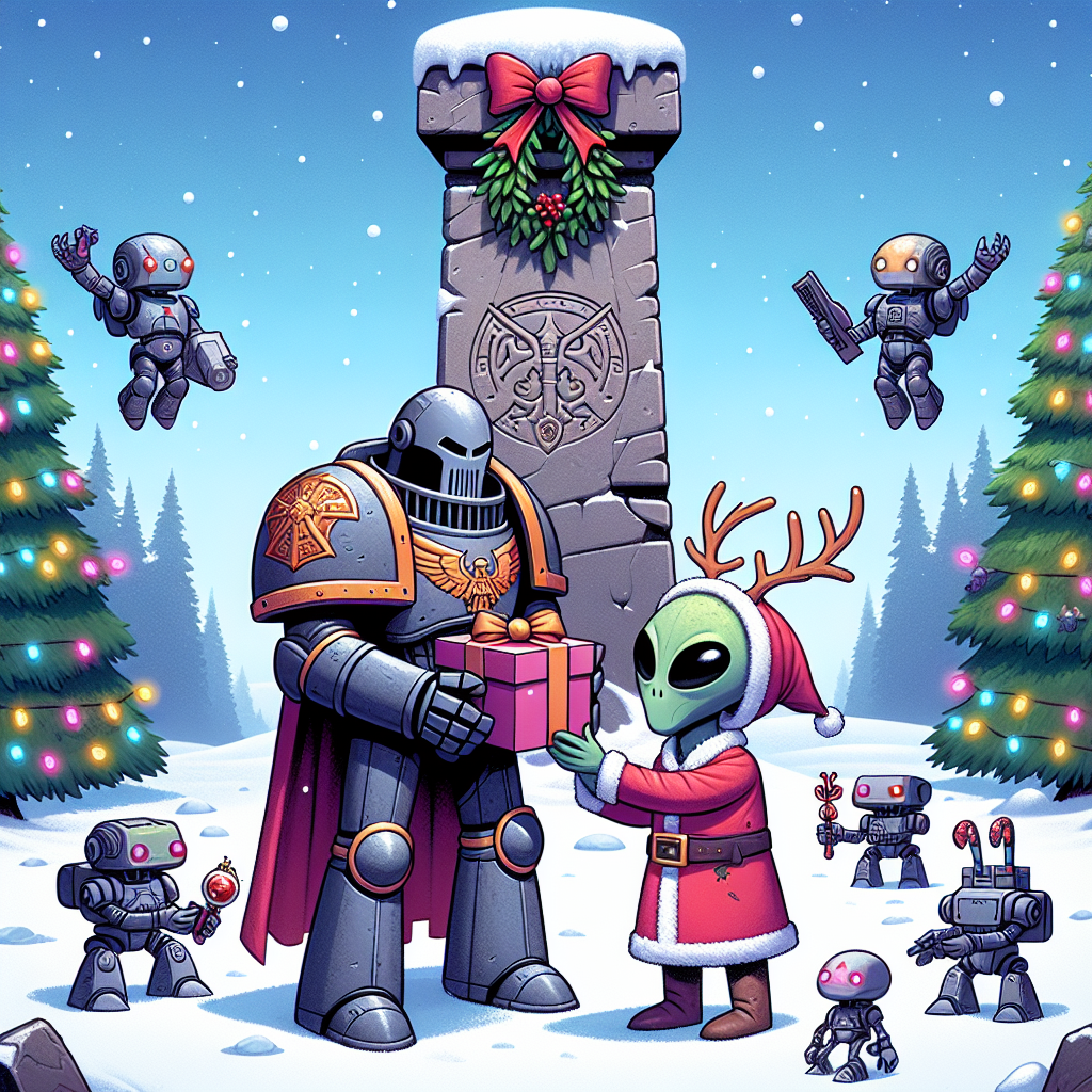 In this heartwarming Christmas illustration, a cartoonish Imperial Knight and adorable Tyranid wearing reindeer antlers exchange gifts beneath a mistletoe-adorned monolith, with tiny Necron figures stringing colorful lights around the scene. The cheerful message 'Happy Christmas Adrian' is etched into the snowy ground below.
Generated with these themes: Warhammer necrons Tyranid imperial knight.
Made with ❤️ by AI.