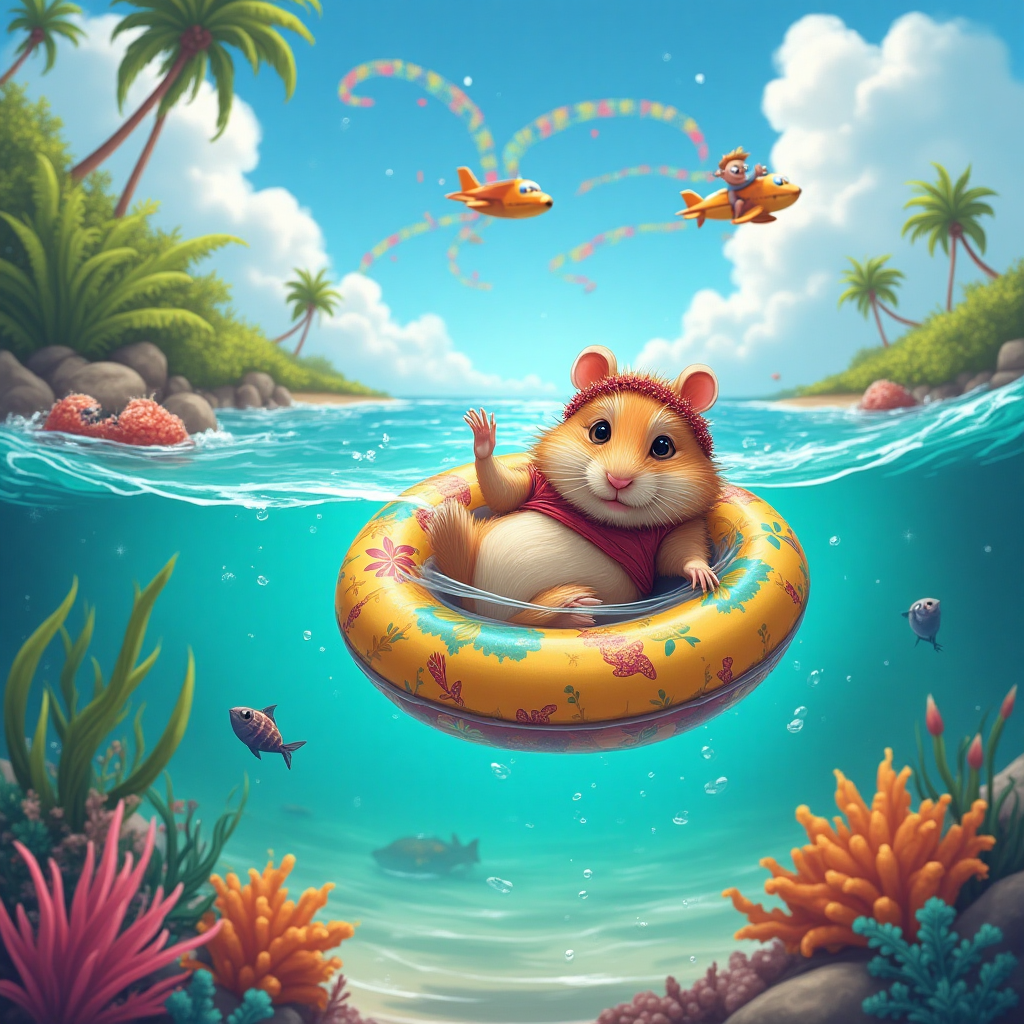 **Prompt for Image:**

Imagine a whimsical beach scene in Barbados, where a playful hamster dressed as a gymnast is doing flips and twirls inside a colorful inner tube, floating on the crystal-clear waters. The sea sparkles with vibrant shades of blue and green, while tropical fish and other sea creatures cheer on the gymnast hamster from below. Above, a couple of small cartoon planes draw loops in the sky, trailing behind them festive, colorful ribbons. In the background, you can see hints of lush, palm-covered islands and a snorkeler popping up with a surprised look, spotting the acrobatic performance. 

Add a small, playful text caption in a bright, fun font: "Flipping Into Another Year of Fun!"
Generated with these themes: Gymnastics Hamster barbados tubing Sea  Snorkling planes, and .
Made with ❤️ by AI.