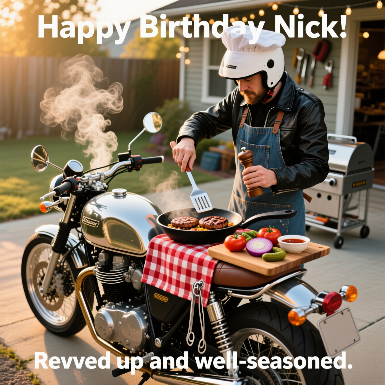 At the top of the Photorealistic picture taken from a camera image, "Happy Birthday Nick"
At the bottom of the Photorealistic picture taken from a camera image, "Revved up and well-seasoned."

Ultra-high-definition 4K UHD, photorealistic scene with accurate lighting, lifelike textures, and rich depth of field. Golden-hour sunlight. A gleaming, classic café-racer motorcycle is parked on a driveway next to a compact stainless camping grill mounted to the tail rack. In the skillet, burgers sizzle with perfect char lines; a whisper of smoke curls upward, catching the light. A rider (torso-only, face out of frame for focus on the gag) wears a black leather jacket under a flour-dusted denim apron, flipping a patty with a long metal spatula while holding a pepper mill. A white chef’s toque sits atop the motorcycle helmet perched on the handlebar for a playful, funny touch. Red-checkered cloth draped over the seat acts as a prep station with a wooden cutting board, sliced tomatoes, onions, pickles, and a small bowl of sauce; stainless tongs hang from the clutch lever. Chrome surfaces reflect warm highlights; visible leather grain, sizzling oil droplets, and steam are crisp. Background softly blurred with garage tools and string lights bokeh for depth. Portrait orientation; leave clean negative space at the very top and bottom for the text; use bold, high-contrast, legible type with a subtle drop shadow to ensure readability over the scene. Camera look: 35–50mm lens, natural color, no heavy filters. Funny, lively mood.
Generated with these themes: Motorcycle , Cooking, and .
Made with ❤️ by AI.