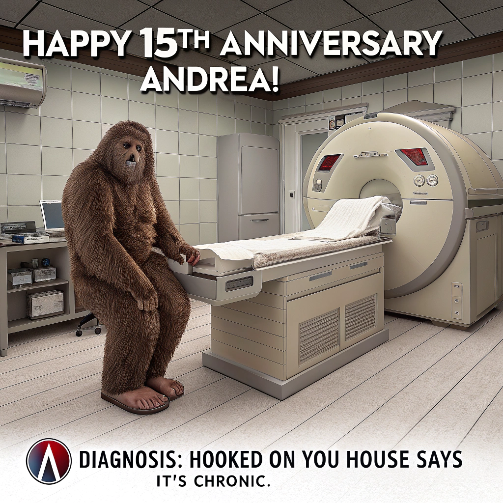At the top of the Photorealistic picture taken from a camera image, "Happy 15th Anniversary Andrea!"
At the bottom of the image, "Diagnosis: Hooked on you—House says it's chronic."

Ultra-high-definition 4K UHD, lifelike textures, rich depth of field. A deadpan-funny hospital exam room scene: a colossal, shaggy Bigfoot sits on the exam table, one enormous foot propped up and half-wrapped in a chunky, colorful crocheted sock that’s still in progress. Beside him, a scruffy, sharp-eyed diagnostician in a gray blazer over a T-shirt, stubble, and a cane leaned nearby—unmistakably House-like—casually crocheting the sock with an oversized hook, wearing the faintest smirk. Skeins of yarn (ruby, teal, cream) spill from a stainless medical tray; his cane gently corrals the yarn as if it’s part of the “treatment.” A crocheted heart and a tiny crocheted cane charm perch on a stool for a wry romantic wink. Clean modern equipment, frosted glass and blinds casting soft stripes; subtle chaos of yarn adds humor. Photorealistic camera look: 50mm lens feel, f/2.8, accurate soft clinical lighting with natural window fill, crisp focus on the hook, yarn, and Bigfoot’s toes, gentle background bokeh. Ample negative space at the top and bottom for the headline and punchline; text set in bold, clean white with a soft drop shadow to pop against the scene.
Generated with these themes: Crocheting, Big Foot, House MD, and .
Made with ❤️ by AI.