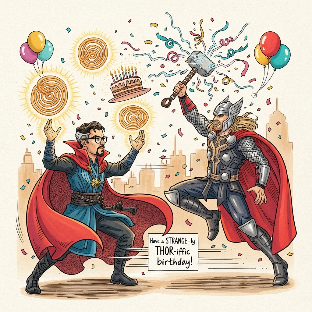 Hand-drawn illustration with fine linework and textured brush strokes, warm expressive palette. A funny, over-the-top duel: Doctor Strange (Marvel) reimagined as Pakistani—medium-brown skin, black rectangular glasses, neat goatee, crimson Cloak of Levitation billowing—faces Thor (Marvel) with red cape, silver armor, long blond hair, and Mjölnir. Balanced, dynamic composition: Strange on the left conjuring glowing golden mandalas shaped like jalebi spirals and a levitating birthday cake shield with sparkling candles; Thor on the right mid-leap, swinging Mjölnir wrapped in colorful ribbons as lightning bursts out like curly party streamers. Confetti erupts around them, balloons bob in the background, playful grimaces, zero gore. Stylized city skyline at golden hour; warm sunlight and teal-blue rim lights; energetic motion lines, expressive faces. Illustration look only—inked outlines, watercolor-like textures on soft paper grain, full-frame image, humor-forward and celebratory.

Include one small hand-lettered caption inside the image, near the bottom:
“Have a STRANGE-ly THOR-iffic birthday!”

No other text, no logos, no photorealism.
Generated with these themes: Dr Strange Marvel (Pakistani with black glasses) fighting , Fight scene , Thor Marvel, Fighting battle , and .
Made with ❤️ by AI.