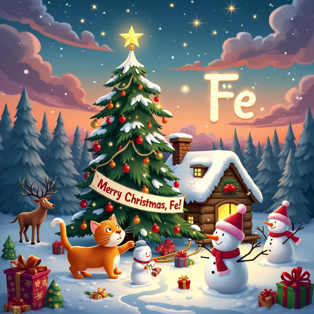 In a whimsical winter wonderland, the scene is beautifully centered around a decorated Christmas tree adorned with twinkling lights, colorful ornaments, and a shining star atop. Embracing the tree is a cozy snow-covered cottage, with smoke curling from its chimney, suggesting a warm fire inside. In front of the tree, a playful orange tabby cat, wearing a slightly askew Santa hat, batting at a dangling ornament, adds a charming touch to the atmosphere. Surrounding this feline are cheerful snowmen, complete with carrot noses, coal eyes, and stick arms, who are hilariously engaged in a snowball fight. One snowman proudly holds a banner that exclaims, "Merry Christmas, Fe!" in bright, festive letters. The backdrop features a stunning sunset transitioning to night, filled with pink, purple, and deep blue hues. The name "Fe" is artistically crafted in the clouds with twinkling stars, further enhancing the holiday spirit. Scattered around the base of the tree are presents of various shapes, wrapped in vibrant paper with oversized bows, and a sled leans against the cottage. In the distance, a forest of snow-covered pine trees stretches, while to the left of the tree, a reindeer with a red nose and jingling bells peeks out mischievously from behind a trunk. This enchanting scene quintessentially embodies a fun, festive, and uniquely personalized Christmas celebration.

Generated with these themes: cat.  
Made with ❤️ by AI.