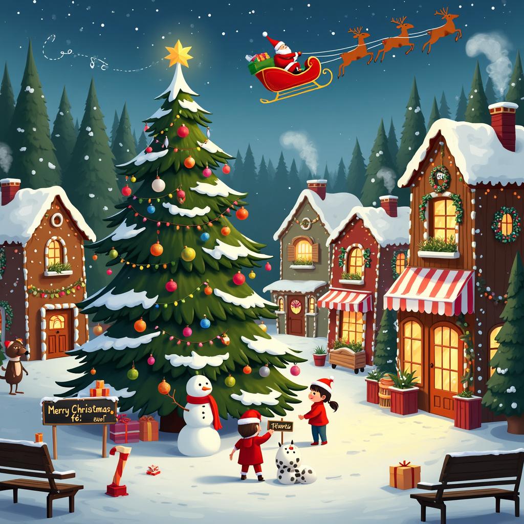 In a bustling Christmas village nestled within a snowy forest, gingerbread-style houses are adorned with twinkling lights and festive decorations, creating a magical atmosphere. At the heart of the village stands a magnificent Christmas tree, towering high and draped in colorful ornaments and candy canes, capped with a shining star. Beneath this radiant tree, a playful cat, donning a Santa hat and a red scarf, gleefully bats at a dangling ornament, adding a touch of whimsy to the scene. Nearby, a group of children, bundled up in cozy winter clothes, joyfully build a snowman. One child holds a cheerful sign that reads 'Merry Christmas, fe!' in bright letters. To the right, a cozy café beckons with a chalkboard sign proclaiming 'Happy Holidays, fe!' while steam rises from mugs of hot chocolate on a nearby table, enhancing the warm ambiance. Above it all, Santa Claus soars through the sky in his sleigh, pulled by reindeer, with 'fe' beautifully etched in the stars. The entire scene is lively and filled with delightful details, from a snow-covered bench and Christmas wreaths adorning doors to smoke rising from chimneys, all contributing to the enchanting holiday spirit. 

Generated with these themes: cat.  
Made with ❤️ by AI.