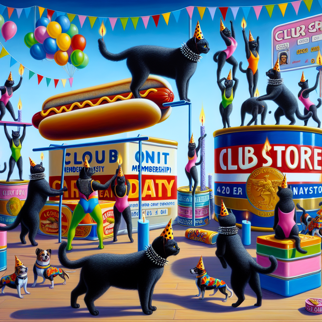 A lively Surreal Realistic birthday scene unfolds where black cats with a punk rock twist, adorned with studded collars, appear to be enjoying the party. These cats, displaying independent and fearless attitude, frolic among giant, whimsical representations of club store membership cards and colossal-sized hot dogs that function as balance beams. The scene also involves party-going dogs dressed in vibrant leotards doing daring vaults over stacks of canned goods that match the surreal environment with their kaleidoscopic colors. All the while, the air is charged with the energetic pulse of catchy punk rock tunes.
Generated with these themes: Gay black cats, Costco, Hotdogs, Gymnastics, Dogs, and Punk rock.
Made with ❤️ by AI.