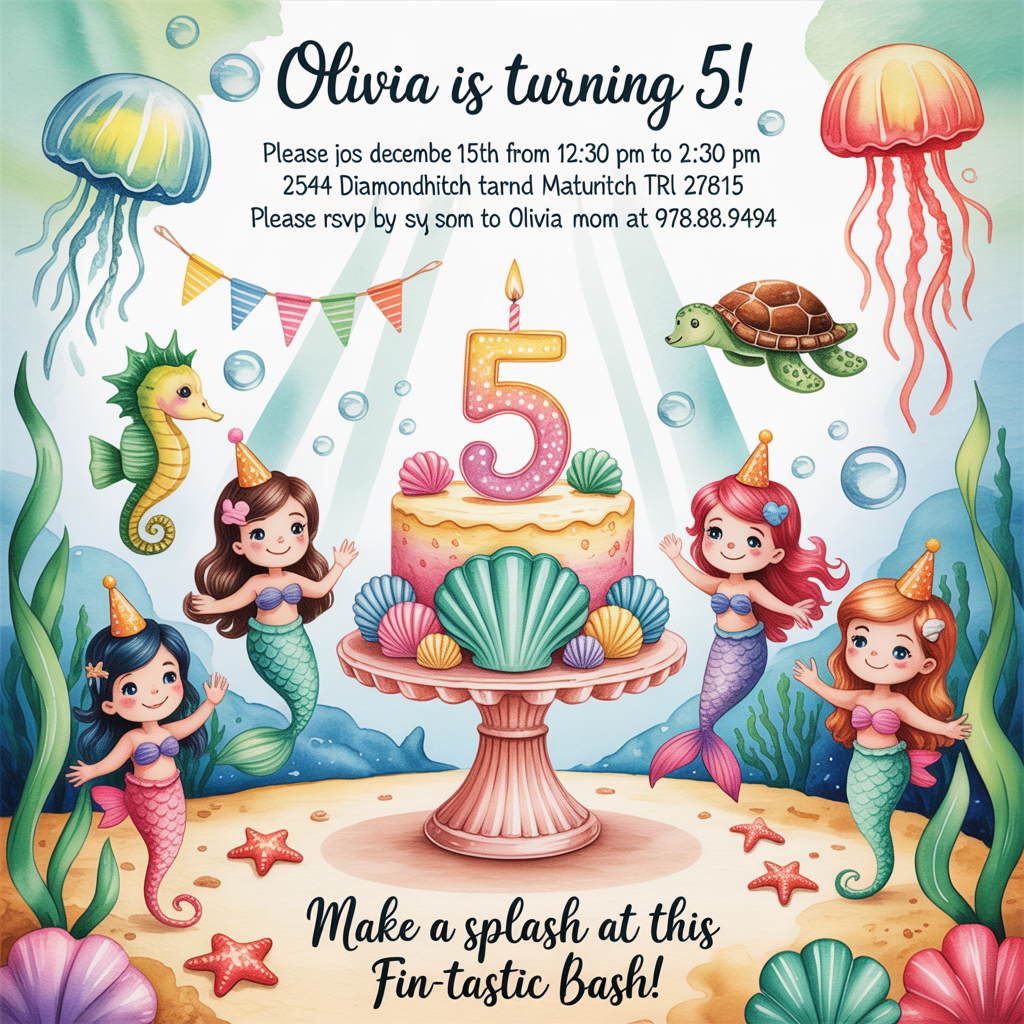 At the top of the Watercolor Style image, "Olivia is turning 5! Please join us December 15th from 12:30 PM to 2:30 PM at 2544 Diamondhitch Trl 27615. Please RSVP by SMS to Olivia's mom at 919.888.9494"

At the bottom of the image, "Make a splash at this fin-tastic bash!"

Create a soft, airy watercolor undersea party scene: a pearly clamshell cake stand holding a pastel seashell cake topped with a shimmering “5” candle; surrounding it, adorable mermaids and mermen with rosy cheeks and iridescent tails twirl and clap, wearing tiny coral-crown party hats. Seahorses float by with kelp-ribbon “balloons,” a friendly turtle carries bunting, and jellyfish lanterns glow overhead. Gentle sunbeams filter down with drifting bubbles and starfish confetti. Palette: seafoam, mint, aquamarine, coral pink, lavender, and glints of soft sunshine gold. Use delicate gradients, wet-on-wet pigment blooms around bubbles and edges, and visible cold-press paper texture for an organic feel. Keep a pale, uncluttered wash at the top for the invitation text and a soft wavy seaweed ribbon at the bottom for the punch-line. Hand-painted brush lettering: top text in deep ocean teal, bottom text in playful coral. No other text.
Generated with these themes: Mermaids and mermen, and .
Made with ❤️ by AI.