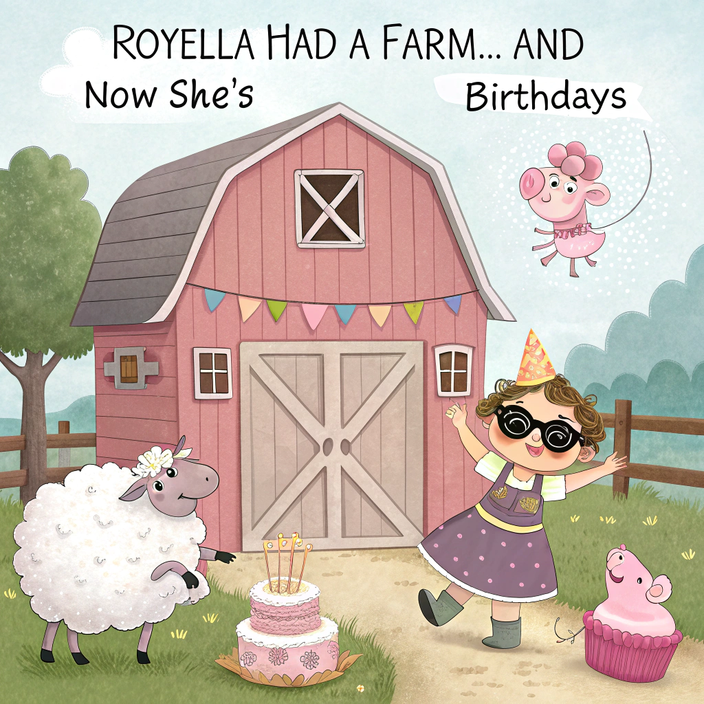 Pink barn in background, farm animals on it, THREE-E-I-E-I-O on top  , and Birthday Card