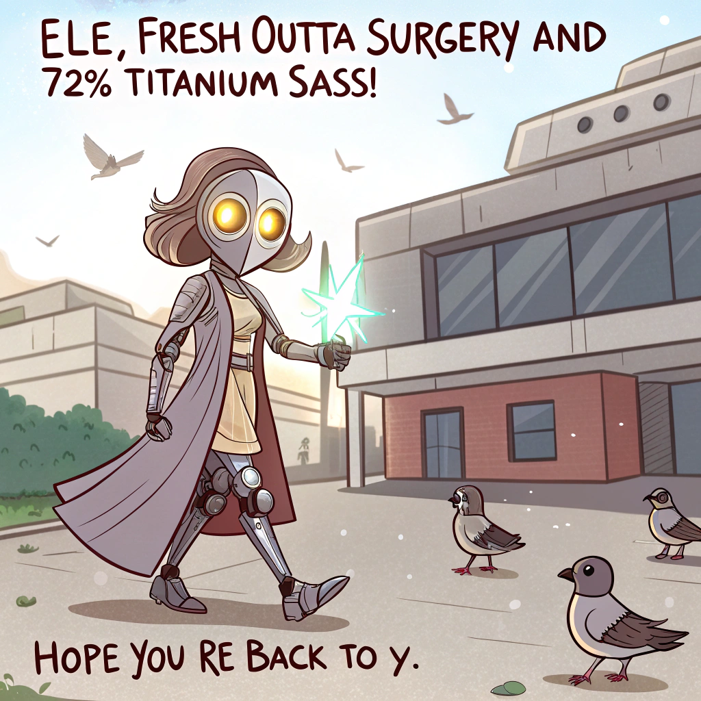 At the top of the image, "Ele, fresh outta surgery and 72% titanium sass!"

– Illustrate a hilarious cartoon scene of Ele strutting proudly (and slightly robotically) out of the hospital in a gown with visible high-tech cybernetic limbs, a flashy glowing eye, and an IV stand now upgraded to shoot espresso. A confused nurse chases after her with a user manual. A small crowd of pigeons salutes her with robotic wings in admiration.

– At the bottom of the image, add the text: “Hope you’re back to your old self soon... or at least Version 2.0!”
Generated with these themes: Leaving hospital after having surgery making them a cyborg. Make it funny.
Made with ❤️ by AI.
