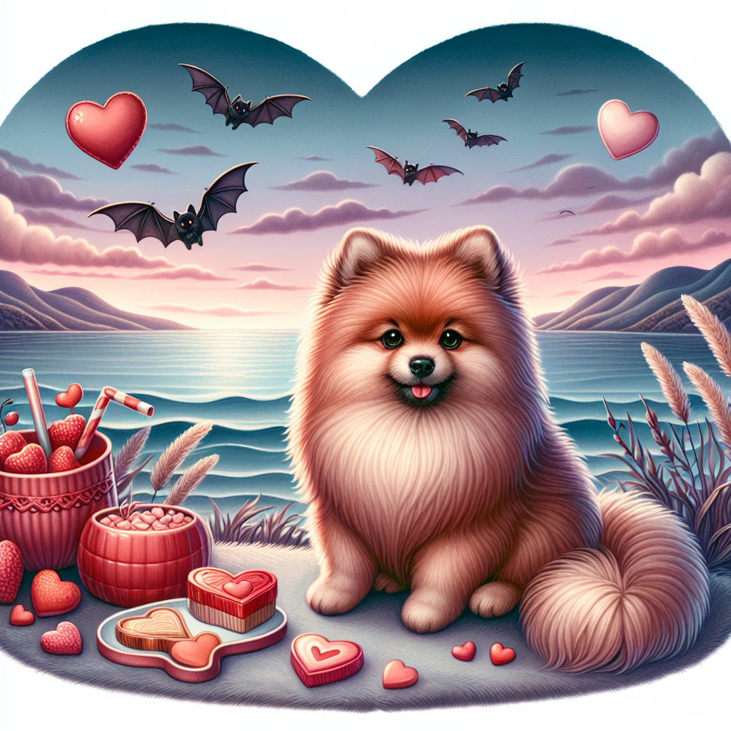 Pomeranian, Love, Dogs, Coast, Rolling hills, Heart shaped food, Waves, and Bats Valentines-day Card