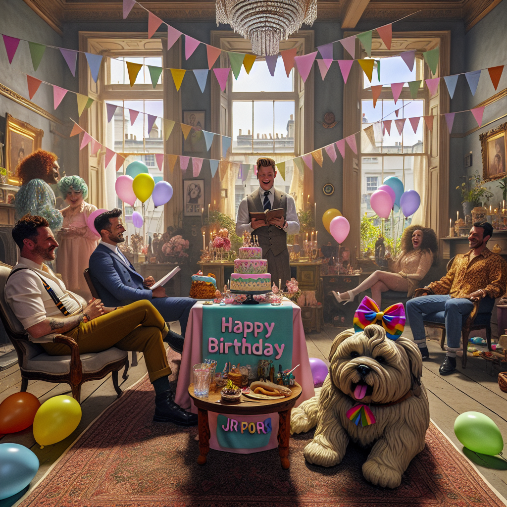 A quaint room lavishly decorated for a birthday party is the scene. Pastel colored flags and balloons, symbolizing LGBTQ pride, are scattered across the space, providing a festive ambiance. The room is filled with a festive soundtrack of the 90s creating a sense of nostalgia. In one corner of the room, a charismatic man engages with his audience, imparting his wisdom about confidence with interested guests. Near the center of the room, two men with jovial demeanors are caught in a burst of laughter over a shared joke. The centerpiece of the room is an adorable, rotund dog adorned with a bright ribbon, comfortably snoozing next to an elaborately designed cake reading 'Happy Birthday Sir John Pork.'
Generated with these themes: Sir John Pork , Vengaboys, Nigel Farrage, Jeremy Clarkson, Andrew tate, Chubby dog, and Lgbtq.
Made with ❤️ by AI.