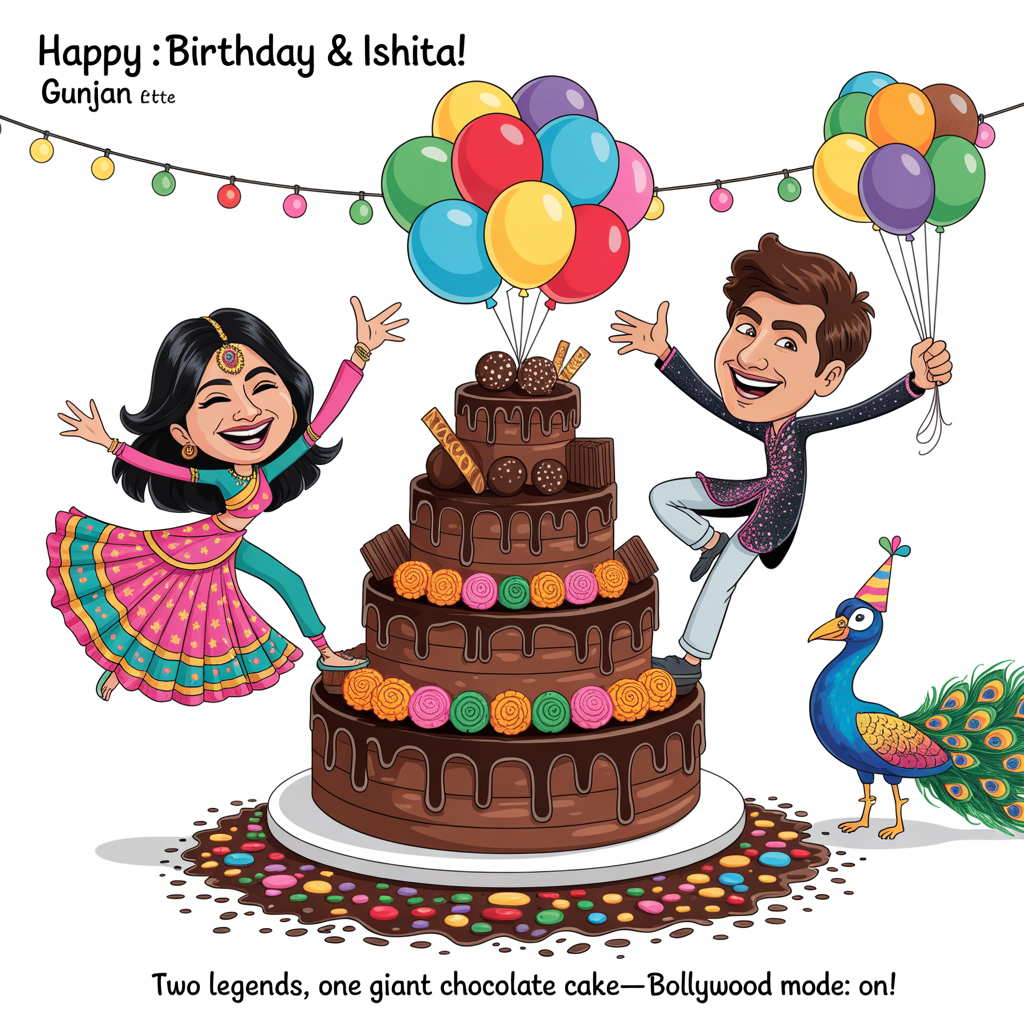 At the top of the Cartoon Style image, "Happy Birthday : Gunjan & Ishita!"

At the bottom of the image, "Two legends, one giant chocolate cake—Bollywood mode: ON!"

- Center scene: Playful cartoon style with exaggerated proportions, thick black outlines, and bright saturated colors. Gunjan and Ishita are mid–Bollywood dance, grinning, in vibrant festive outfits (one in a twirling lehenga, one in a sparkly kurta), striking energetic, whimsical poses around a towering, drippy chocolate cake.
- The cake: Multi-tiered, glossy chocolate ganache with chocolate shards, truffle “laddoos,” and marigold and rose garlands winding around it. A rainbow cluster of shiny balloons is tied to the top, bobbing upward.
- Indian vibe: Strings of marigold torans and fairy lights overhead; a colorful flower-petal rangoli on the floor mixed with chocolate sprinkles; a cheerful cartoon peacock in a party hat holding balloon strings in its beak. In the background, a festive Indian street scene with bunting and an auto-rickshaw stacked with chocolate bars and flowers.
- Fun details: One character wields an oversized spoon, the other balances a platter of chocolate ladoos. Confetti and cocoa dust sparkle in the air; a couple of balloons shaped like cocoa beans add a cheeky touch.
- Palette and style notes: Electric magenta, saffron, turquoise, lime, and royal purple; bold bubble lettering for both text lines; high contrast, clean cel shading, thick outlines, and lots of motion lines for a lively, funny, upbeat look.
Generated with these themes: Chocolate, india, flowers, boloons, and .
Made with ❤️ by AI.