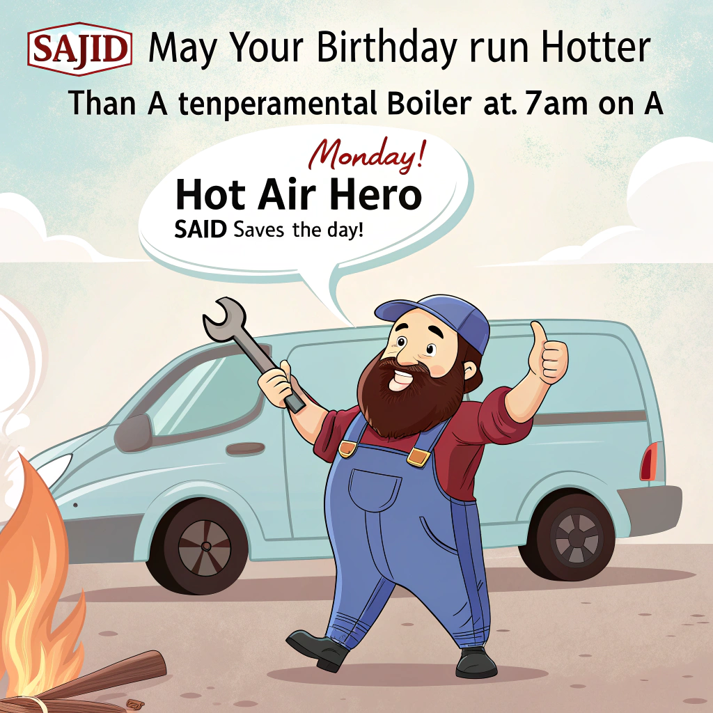 At the top of the image, "Sajid, may your birthday run hotter than a temperamental boiler at 7AM on a Monday!"

- Illustrate a funny cartoon scene of an Asian plumber with a big friendly beard, wearing classic blue overalls covered in tool patches and holding a giant, slightly-too-fancy wrench.  
- He's standing triumphantly in front of a slightly beat-up, light blue plumber’s van that reads “Hot Air Hero – Sajid Saves the Day!” in comical bold letters.  
- Next to him, a gas boiler is throwing a wild birthday party — complete with a party hat, blowing confetti out of its vents, and sweating steam.  
- Tools are strewn about in a fun chaotic mess — one hammer is using a plunger like a pogo stick, and a spanner is trying to blow out candles on a cupcake.  
- Background should include balloons made of pressure dials and copper piping curled into festive streamers.  
- Whole vibe is zany, silly, and cheerfully chaotic — like a plumbing emergency with cake.
Generated with these themes: Gas boiler, Plumber, Light blue van, Overalls, Tools, Beard, Asian, and .
Made with ❤️ by AI.