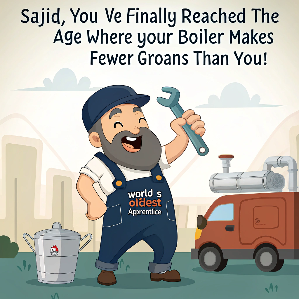 At the top of the image, "Sajid, you’ve finally reached the age where your boiler makes fewer groans than you!"

- In the center of the image, depict a cheerful, cartoon-style Asian plumber with a big bushy beard wearing navy-blue overalls. He’s comically struggling to wrangle a gas boiler that’s running away on tiny legs.  
- He’s holding a giant adjustable wrench in one hand and a mug that says “World’s Oldest Apprentice” in the other.  
- A cheeky light blue plumber’s van in the background has “Sajid’s Sizzling Boilers – We Bring the Heat!” scrawled on the side, and tools are flying everywhere out the open back.  
- A trail of steam shaped like a birthday cake rises from the van’s exhaust pipe, with “Hot Stuff Since 1974” playfully written in the smoke.
Generated with these themes: Gas boiler, Plumber, Light blue van, Overalls, Tools, Beard, Asian, and .
Made with ❤️ by AI.
