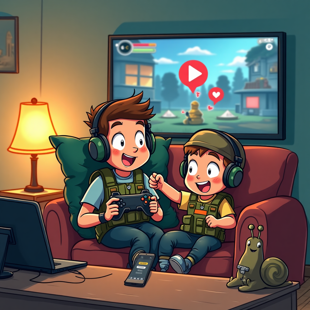 At the top of the Cartoon Style image, iiii

Sincere, playful cartoon scene with exaggerated proportions, thick outlines, and bright saturated colors. Portrait composition. Cozy living room turned into a “mission” zone: Dad and child as cheerful couch commandos inside a pillow-fort bunker. Dad has a big warm smile, chunky gaming headset, and an oversized controller; the kid wears a cute cardboard “helmet” and toy dog tags. They share a goofy fist-bump, energetic and whimsical, eyes shining with affection.

On the TV: a generic, family-friendly military co-op game (no logos), illustrated in a cartoony way—foam dart blasters, colorful avatars. Visual gags show terrible connection: choppy ghosted afterimages, a spinning buffer wheel, a droopy Wi‑Fi symbol with a tiny warning triangle, and jittery motion lines to suggest high ping. Around them: a router with wilted antennae, a smartphone on the table with the hotspot icon toggled off (icon only, no words), and a friendly snail mascot hauling a tiny router to personify “slow connection.” Warm golden lamplight, heart-shaped highlights, and soft shadows underscore a sincere Father’s Day vibe.

Add one small caption near the bottom: "Dad, even when life lags, your love never does."

Style notes: playful cartoon, thick black outlines, clean shapes, bold camo greens, electric blues, warm oranges, gentle texture, soft shading, family-friendly tone, no brand logos, no extra text beyond the lines provided.
Generated with these themes: Call of duty, Really high ping, Lots of lag, No hotspot, and .
Made with ❤️ by AI.