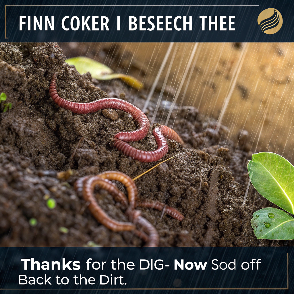 At the top of the Photorealistic picture taken from a camera image, "finn coker i beseech thee"

At the bottom of the image, "Thanks for the dig—now sod off back to the dirt."

Ultra-high-definition 4K UHD, lifelike macro photograph shot at ground level: a rain-dark patch of rich, clumpy soil teeming with glistening earthworms, their slick, segmented bodies half-emerged and wriggling through wet dirt. Tiny pebbles, tangled roots, and flecks of decomposing leaves add gritty texture. A faint boot print and a mud-smeared trowel sit out of focus in the background for context. Natural overcast daylight creates soft, diffuse lighting with subtle specular highlights on the worms; shallow depth of field isolates a few worms in razor-sharp focus while the rest melts into creamy bokeh. Shot on a 100mm macro lens, f/2.8, ISO 200, 1/400s, realistic color grading, zero stylization—just true-to-life earth tones and tactile detail. Leave generous negative space at the top and bottom for text legibility; set the headline in bold, high-contrast off-white, slightly gritty with a muddy speckle texture (preserve the exact lowercase lettering). Add a soft drop shadow for readability against the dark soil. No borders, no extra graphics—let the worms and dirt do the talking.
Generated with these themes: Worms, dirt , and .
Made with ❤️ by AI.