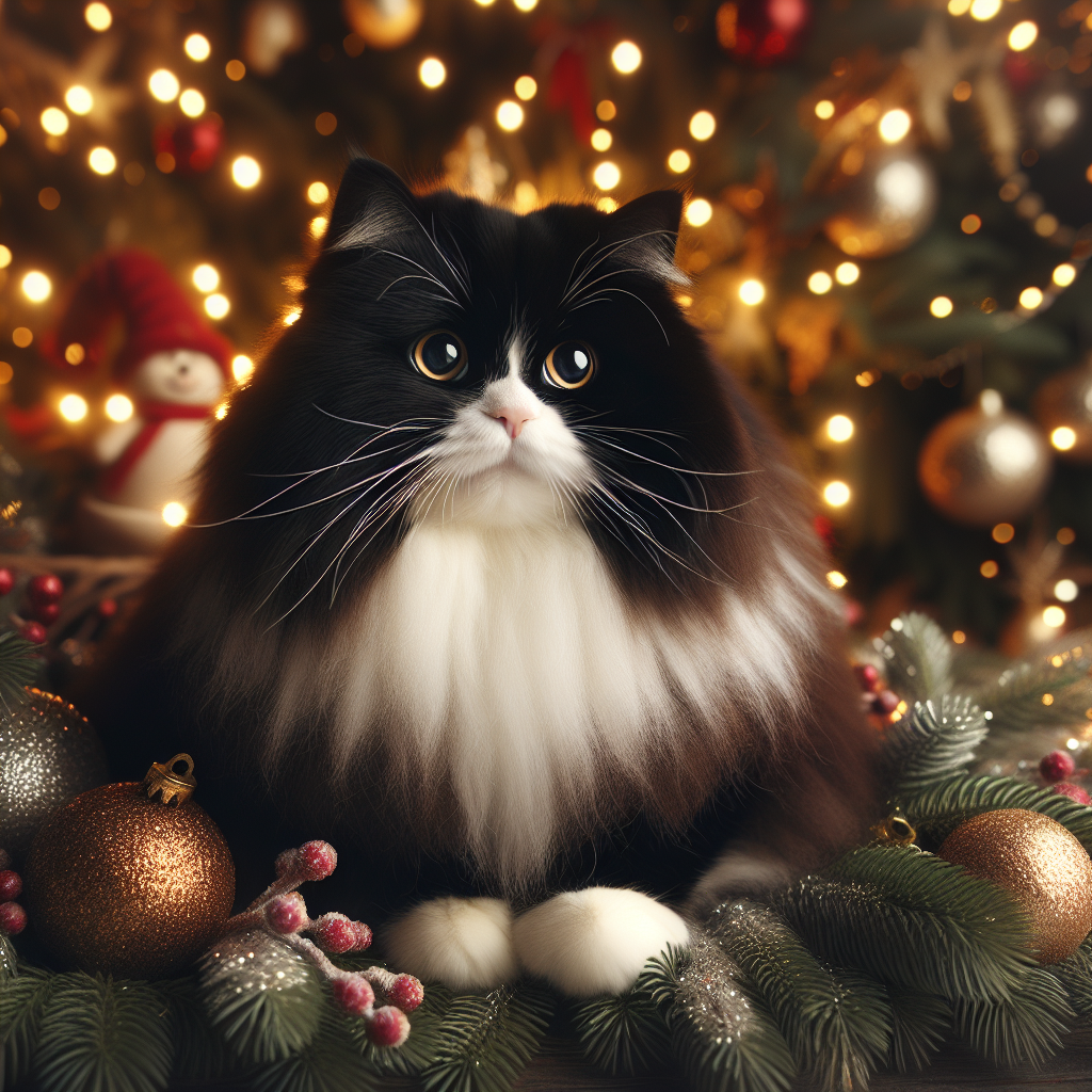 In this delightful Christmas-themed cartoon, a plump black and white domestic long-haired adult cat sits amidst holiday decorations. The cat's thick fur is detailed with care, blending into the warm, cheerful ambiance. Due to the artistic lighting, the eyes of the cat remain a cheerful mystery.
.
Made with ❤️ by AI.