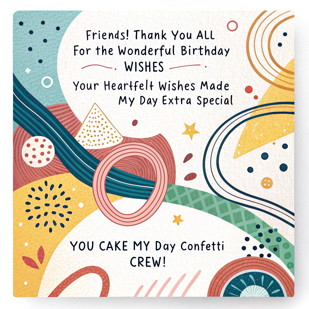 At the top of the Abstract Style image, "Friends! Thank you all for the wonderful birthday wishes. Your heartful wishes made my extra special"

At the bottom of the image, "You cake my day, confetti crew!"

Bold, cute abstract celebration: interlocking circles and heart-shaped geometry, fluid ribbon curves like streamers, and confetti dots/starbursts. Playful high-contrast palette of cobalt, tangerine, lemon, hot pink, mint, and crisp white. Dynamic, painterly brush-stroke textures with speckled highlights. Include overlapping chat-bubble shapes to hint at messages from friends, plus tiny hearts sprinkled throughout. Keep the headline large and crisp in a chunky rounded style with a soft shadow and a pale shape behind it for legibility; bottom punchline in a bubbly hand-lettered look. Balanced, modern, expressive, and joyfully cute.
Generated with these themes: Friends! Thank you all for the wonderful birthday wishes. Your lovely wishes made my day extra special, and .
Made with ❤️ by AI.