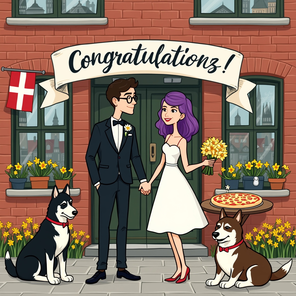 Black and white female Malamute , Brown and white female Malamute, Dark haired Groom with glasses, Purple haired Bride with knee length white dress, Copenhagen , Danish flag , Pizza , Board games , Daffodils , and Registers office wedding Wedding Card