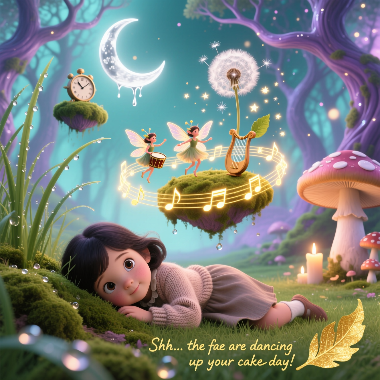Cute dreamlike surrealism, Dali-inspired, portrait orientation. Low angle from the grass. Foreground: a little girl with dark hair lies on her tummy, hiding behind a mossy grass bank, peeking through tall dew-beaded blades; cozy knit cardigan and knee-length dress; wide-eyed, curious, wholesome and sweet. Midground: a radiant ring of tiny faeries dancing on a mushroom circle; petal-like wings, thimble drums, leaf-harps; glowing ribbons of musical notes spiral around them like golden streamers. Background: an otherworldly forest with trees whose branches melt into soft, clock-like curves; a silver crescent moon slowly dripping like wax; floating mossy islets; giant dandelion clocks releasing starry confetti; oversized mushrooms bending like warm candles. Lighting: ethereal and painterly—warm honey-gold from the faerie ring against cool moonlit teals and violets; soft volumetric beams; sparkling bokeh; dew-drop “planets” reflecting the scene. Color palette: mint, lavender, blush pink, soft gold, teal. Composition: large, immersive scene; grass blades frame the girl; leading lines pull the eye to the faerie ring; soft edges, whimsical textures, cute mood.

Include small hand-lettered text, shimmering gold on a curled leaf near the lower right:
"Shh... the fae are dancing up your cake-day!"

High detail; no additional text, no logos, no watermark; keep it bright, magical, and friendly.
Generated with these themes: In foreground little girl with dark hair lay down trying to hide behind grass banking as she watches in a ring a group of faeries dancing to magical music in a forest., and .
Made with ❤️ by AI.