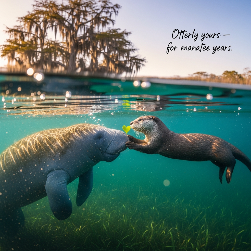 Ultra‑high‑definition 4K photorealistic over‑under split shot captured with a full‑frame camera in a crystal‑clear Florida spring at golden hour. Foreground: a gentle manatee rises just below the surface, whiskers catching warm, dappled sunlight; beside it, a playful river otter floats on its back, lightly touching noses with the manatee while holding a tiny heart‑shaped leaf. Water is teal and glassy with shimmering caustics, a few soft bubbles, and swaying seagrass; above water, soft‑focus cypress trees and Spanish moss glow with golden rim light against a pastel sky. Lifelike textures: individual wet otter fur strands with water beads, smooth manatee skin with subtle algae mottling, realistic refraction at the waterline. Rich depth of field: subjects tack‑sharp, background gently blurred; natural color grading, crisp contrast, soft vignette. Camera style: 35mm lens in a dome‑port housing, f/4, ISO 200, 1/500s, accurate white balance, polarizer to tame glare. Leave clean negative space in the upper‑right.

On‑image caption (one short line): “Otterly yours — for manatee years.” 
Placement and style: small, warm‑white handwritten script in the upper‑right negative space, subtle drop shadow for legibility, unobtrusive and not covering the animals.

Photorealistic only; no humans, boats, gear, logos, watermarks, or extra text.
Generated with these themes: Otter, Manatee, and .
Made with ❤️ by AI.