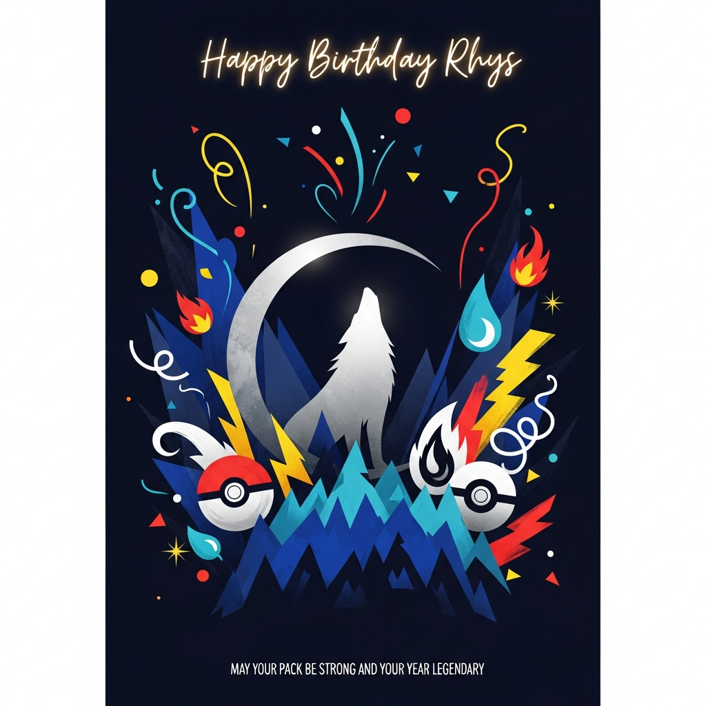 At the top of the Abstract Style image, "Happy Birthday Rhys" in warm, elegant hand-lettered script with a soft gold-foil sheen and gentle glow.

Bold abstract composition bursting with geometric shards and fluid curves, high-contrast colors, and dynamic brush-stroke textures. Vertical portrait orientation. A deep midnight-blue to indigo background carries a silvery crescent arc that, through negative space, suggests a noble wolf lifting its head to the sky; subtle pack forms appear below as layered triangular facets. Threaded through the scene are Pokemon-inspired elements rendered abstractly: Poké Ball–like concentric red/white/black circles, lightning-bolt swashes, fire and water droplet glyphs, and leaf curves, plus tiny star-spark sparks—stylized icons rather than literal characters. Color palette: midnight blue, cobalt, and charcoal with crisp hits of canary yellow, scarlet, teal, and clean white, accented with soft metallic gold highlights. Energetic S-curves and confetti-like shapes drift upward like a gentle celebration, while painterly impasto strokes add tactile depth balanced by crisp vector edges. Soft halos illuminate the wolf silhouette and the headline text for a sincere, uplifting mood, with breathing space kept around the typography.

Place a small caption at the bottom in understated sans-serif type: "May your pack be strong and your year legendary."
Generated with these themes: Wolves, pokemon,, and .
Made with ❤️ by AI.