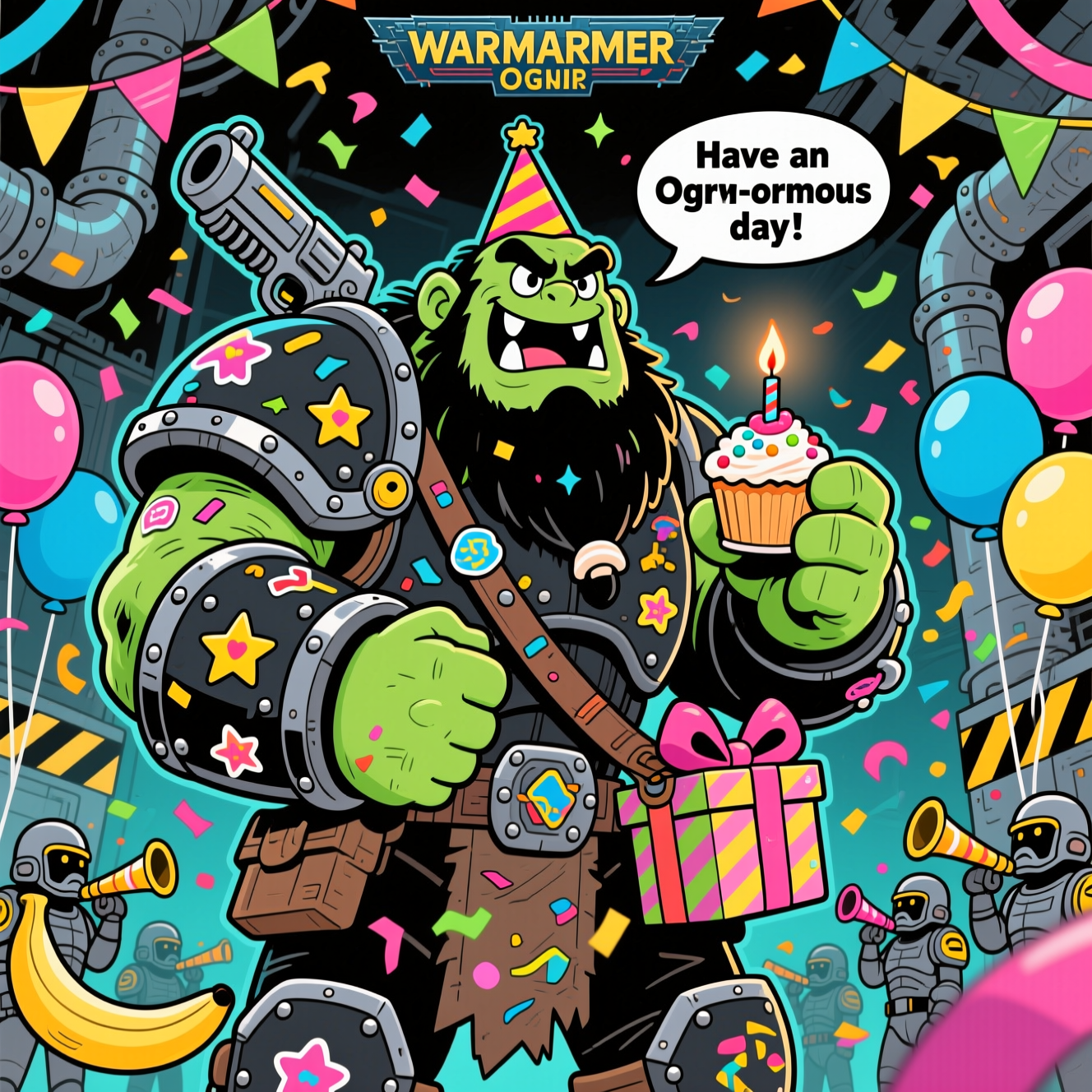 At the top of the Cartoon Style image, Happy Birthday

Playful, funny cartoon scene: a towering Warhammer Ogryn with exaggerated proportions, thick black outlines, and bright, saturated colors celebrates a birthday. Low-angle view to make him look hilariously huge and lovable. He wears chunky, riveted sci‑fi armor festooned with confetti and sticker stars, with a tiny party hat teetering on his head. Big grin (one missing tooth), kind eyes, and massive hands delicately holding a teeny cupcake with a single candle; sprinkles and confetti swirl around. The gritty industrial sci‑fi backdrop (pipes, rivets, hazard stripes) is cheerfully draped in streamers and balloons, all rendered in bold cel shading. A gift‑wrapped ripper gun with an oversized bow is slung harmlessly over his back as a playful nod to the theme. In the background, tiny sci‑fi guardsmen peek out with party horns and confetti poppers, adding to the comedy. Dynamic, energetic pose with bouncy shapes and action lines. Candy-bright palette (lime green, cobalt, hot pink, banana yellow); glossy highlights, soft shadows, and halftone accents for texture.

Add small text in a speech bubble near the Ogryn: Have an Ogryn-ormous day!
Generated with these themes: Warhammer, Ogryn, and .
Made with ❤️ by AI.