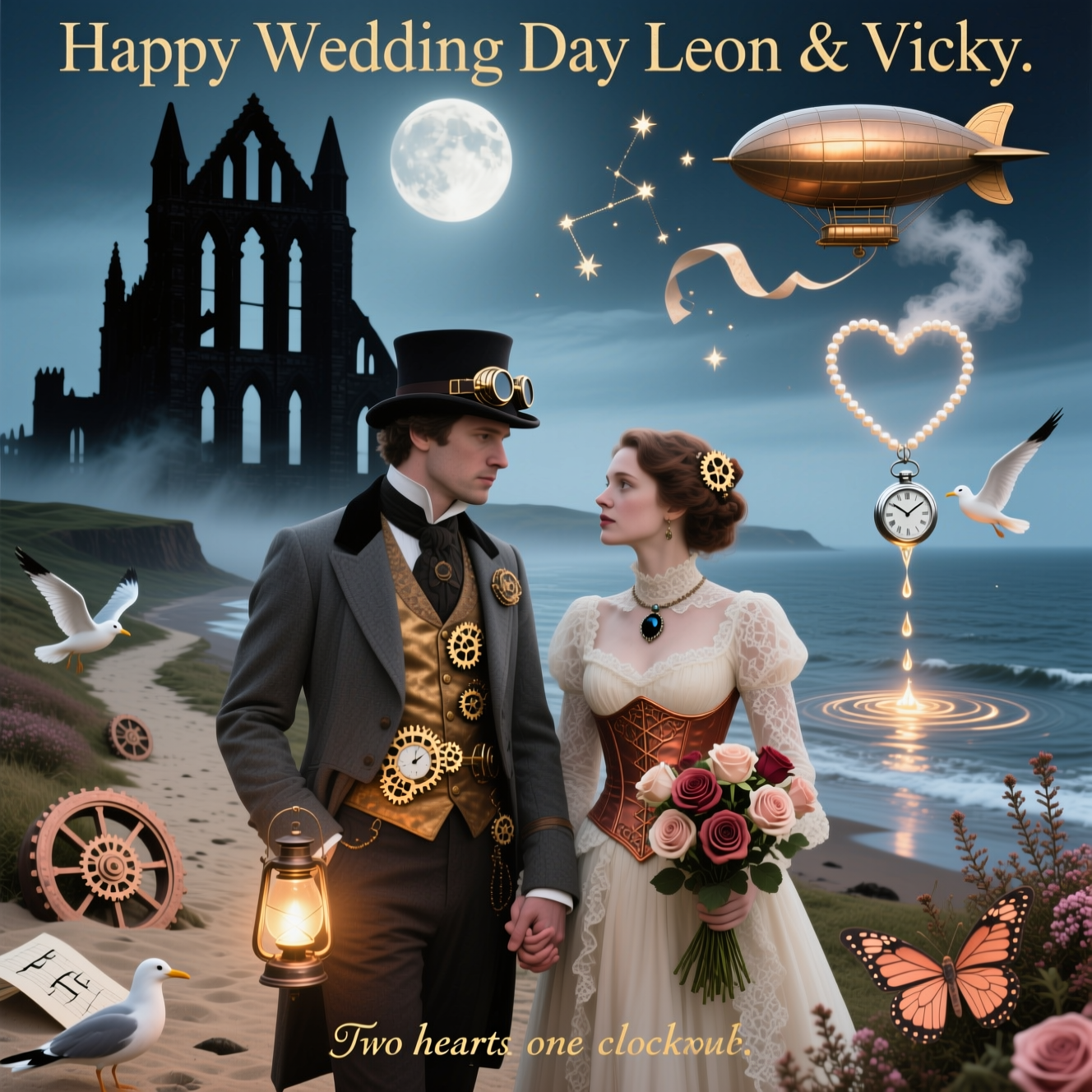 A man and woman dressed in steam punk outfits gazing into each others eyes in front of a silouette of Whitby Abbey, and Wedding Card