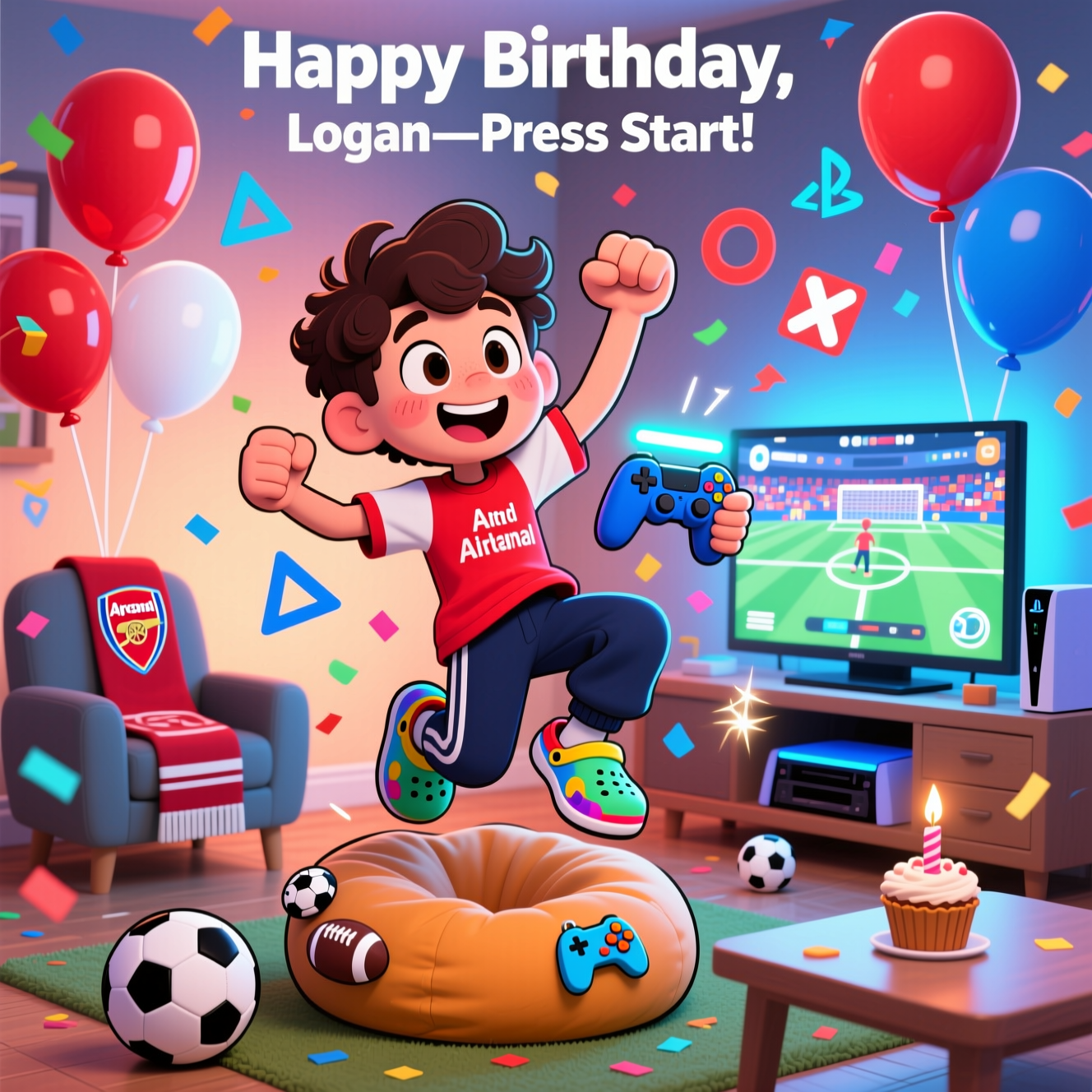 Teenage boy with dark brown hair that’s short on the sides and curly on top, arsenal t shirt, tracksuit, crocs, PlayStation , and Birthday Card