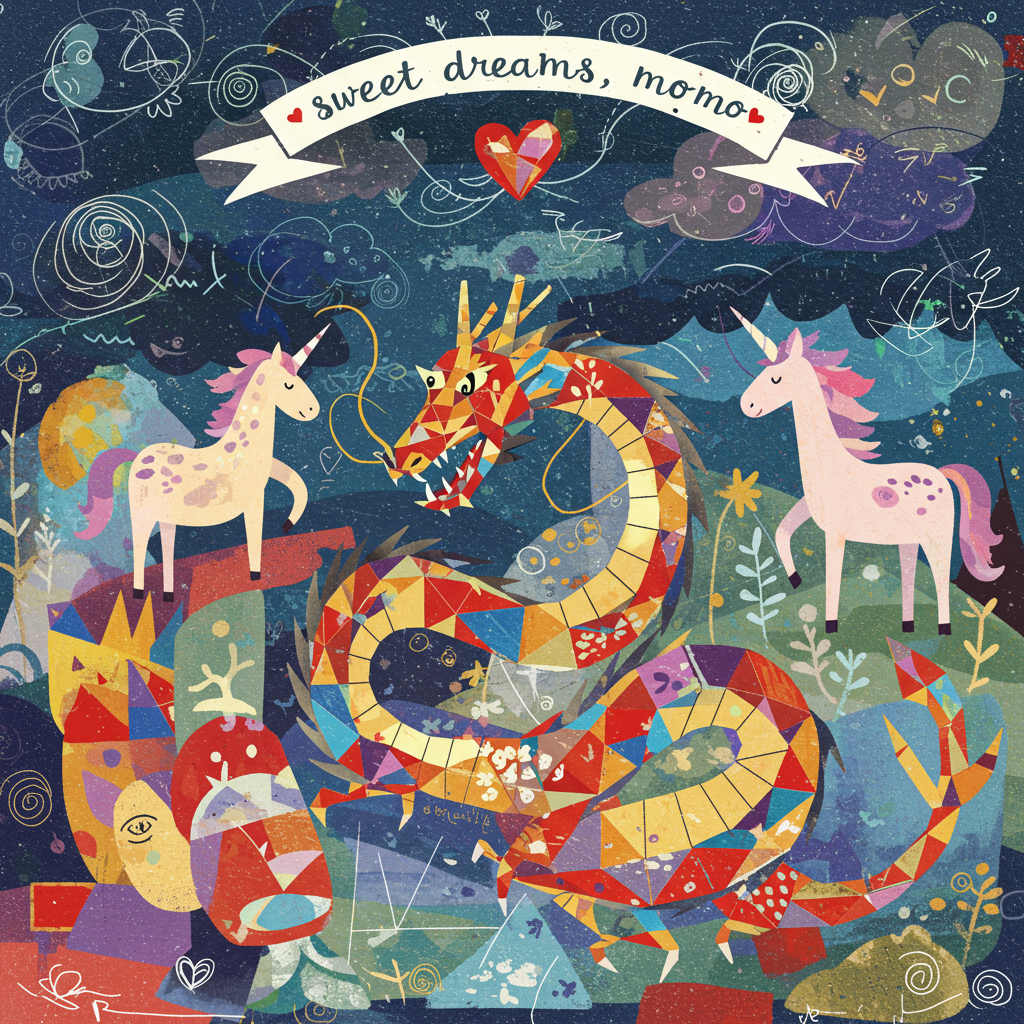 The front cover of this Valentine's Day greeting card is an explosion of whimsical abstraction, melding bold colors, dynamic shapes, and fantastical creatures into a captivating visual symphony. The canvas is divided into a series of interconnected geometric and organic shapes, reminiscent of Wassily Kandinsky's vibrant interplay of forms.
At the heart of the scene, a serpentine dragon, constructed from a patchwork of angular and curved shapes, weaves through the composition. Its scales shimmer with a Mondrian-inspired grid of fiery reds, cobalt blues, and bright yellows. Interspersed within its form are small Pollock-like splatters of white and black, adding a playful texture.
Beside the dragon, a pair of unicorns frolic amidst a de Kooning-esque tangle of swirling pastel hues. Their bodies are abstracted into simple shapes, with limbs and horns stretching into the surrounding space, painted in soft pinks, purples, and golds. The unicorns' manes and tails are wisps of Rothko-style color blocks, gently blending into the chaotic yet harmonious backdrop.
The background is a tapestry of celestial forms, with circular, cloud-like patterns in varying shades of deep indigo and sky blue, reminiscent of Joan MirĂł's dreamlike compositions. Scattered throughout are Twombly-inspired scribbles and loops, bringing a sense of childlike wonder and spontaneity.
Across the top, a flowing banner, mimicking a Richter-like blur of reds and oranges, gently arcs above the scene. On this banner, the words "sweet dreams, momo" are inscribed in delicate, swirling script, colored in a gleaming white that stands out against the vivid backdrop.
In the foreground, a floating abstract heart composed of intertwined triangles and circles reflects the influence of Kazimir Malevich. It anchors the scene, tying together the elements in a celebration of love's boundless forms and colors, perfect for a Valentine's Day card that speaks to the imaginative soul.
Generated with these themes: Dragon and Unicorns.
Made with â¤ď¸ by AI.